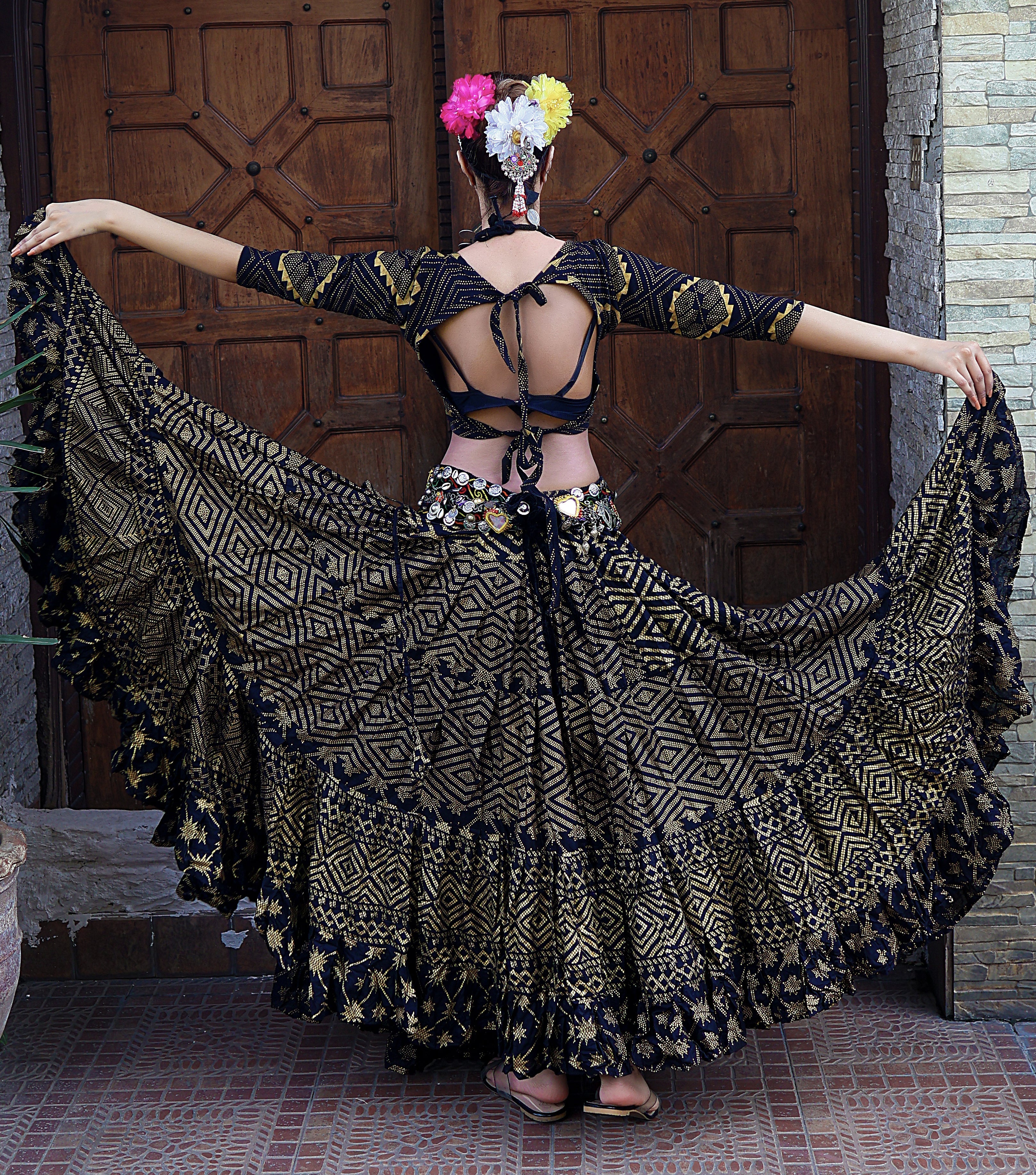 Tribal Block print Assuit pattern skirt black/gold Design#5