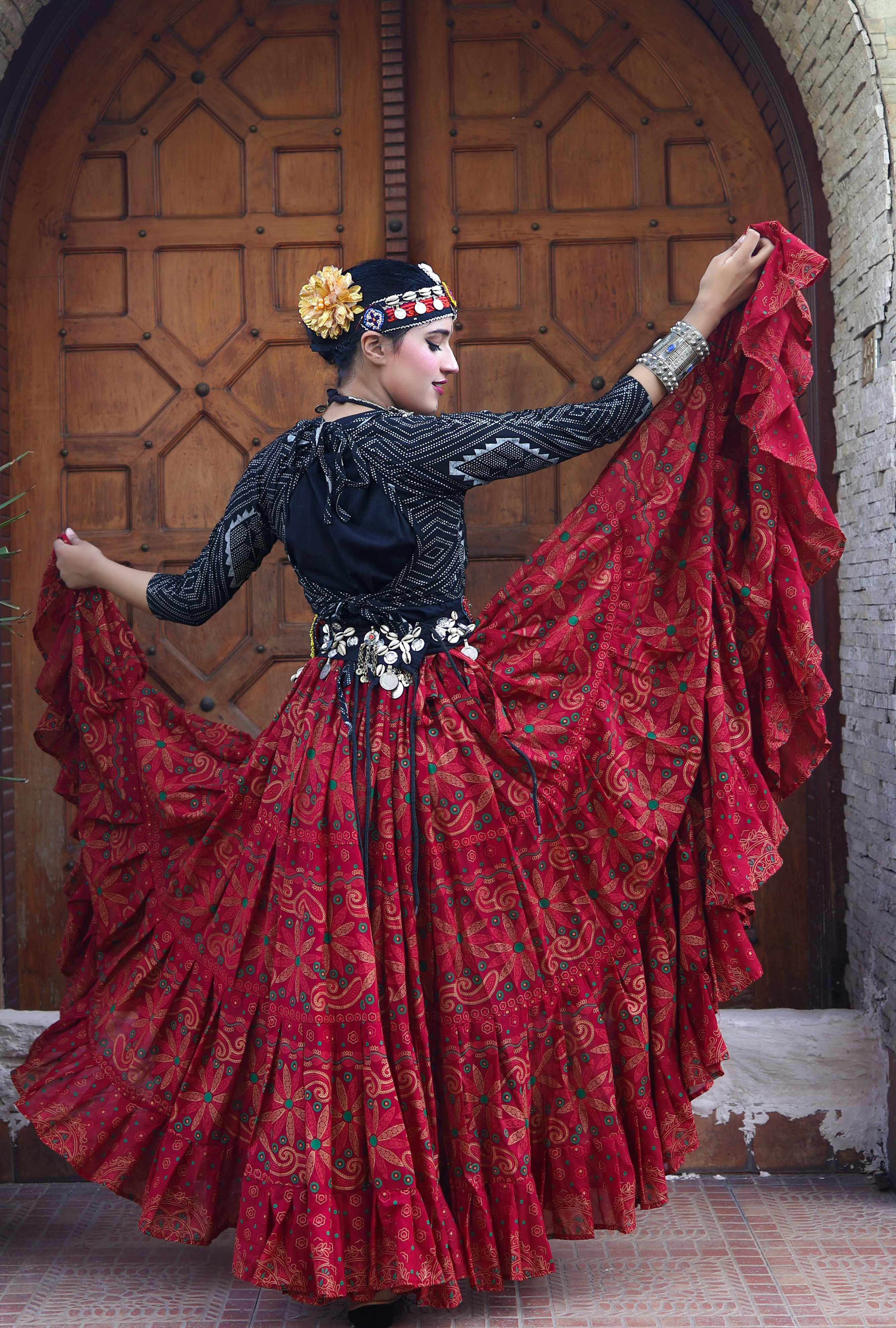 Tribal Block print flower skirt Burgundy WLS