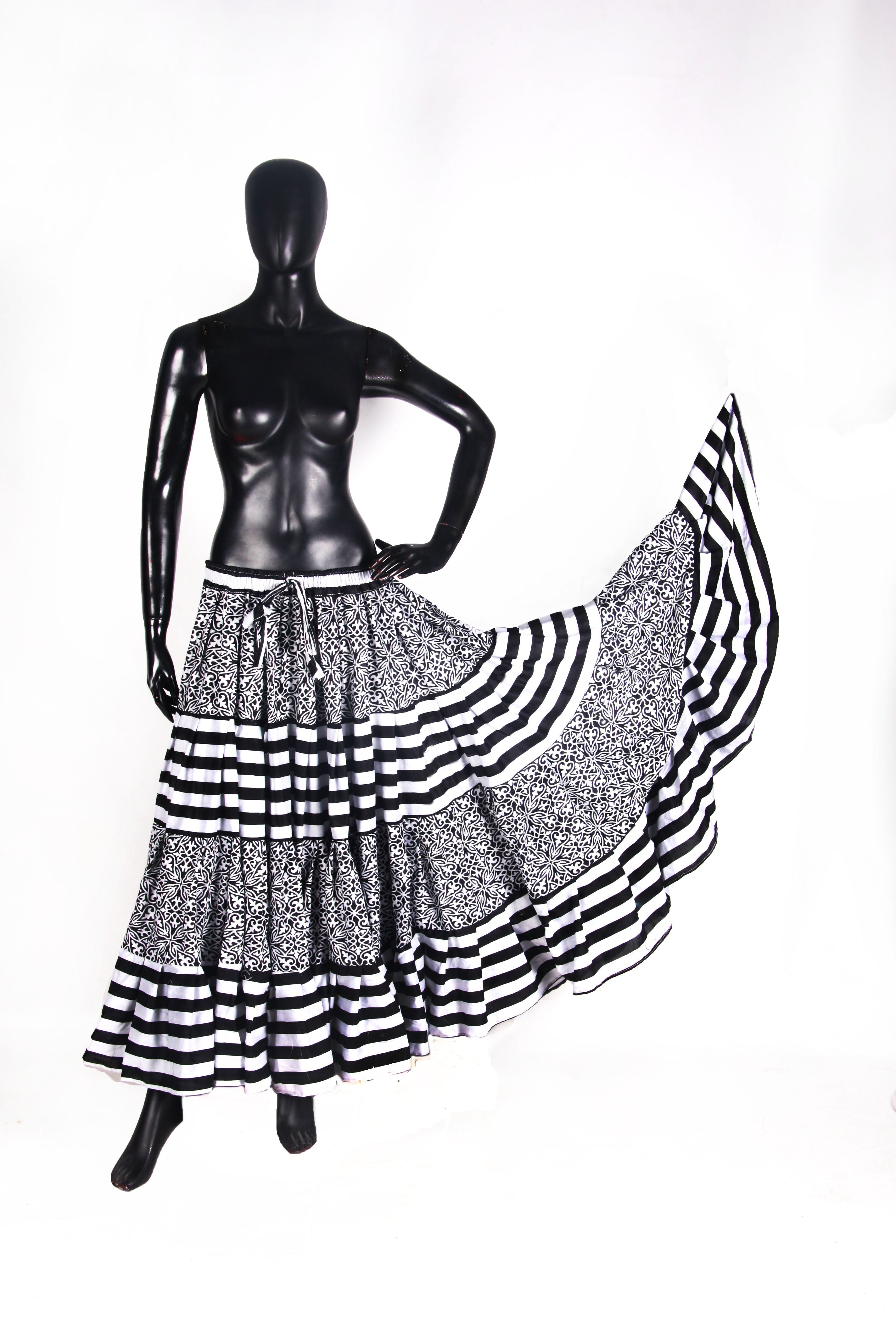 Black/White Stripe Polka Dot Block Print Skirt 25yards