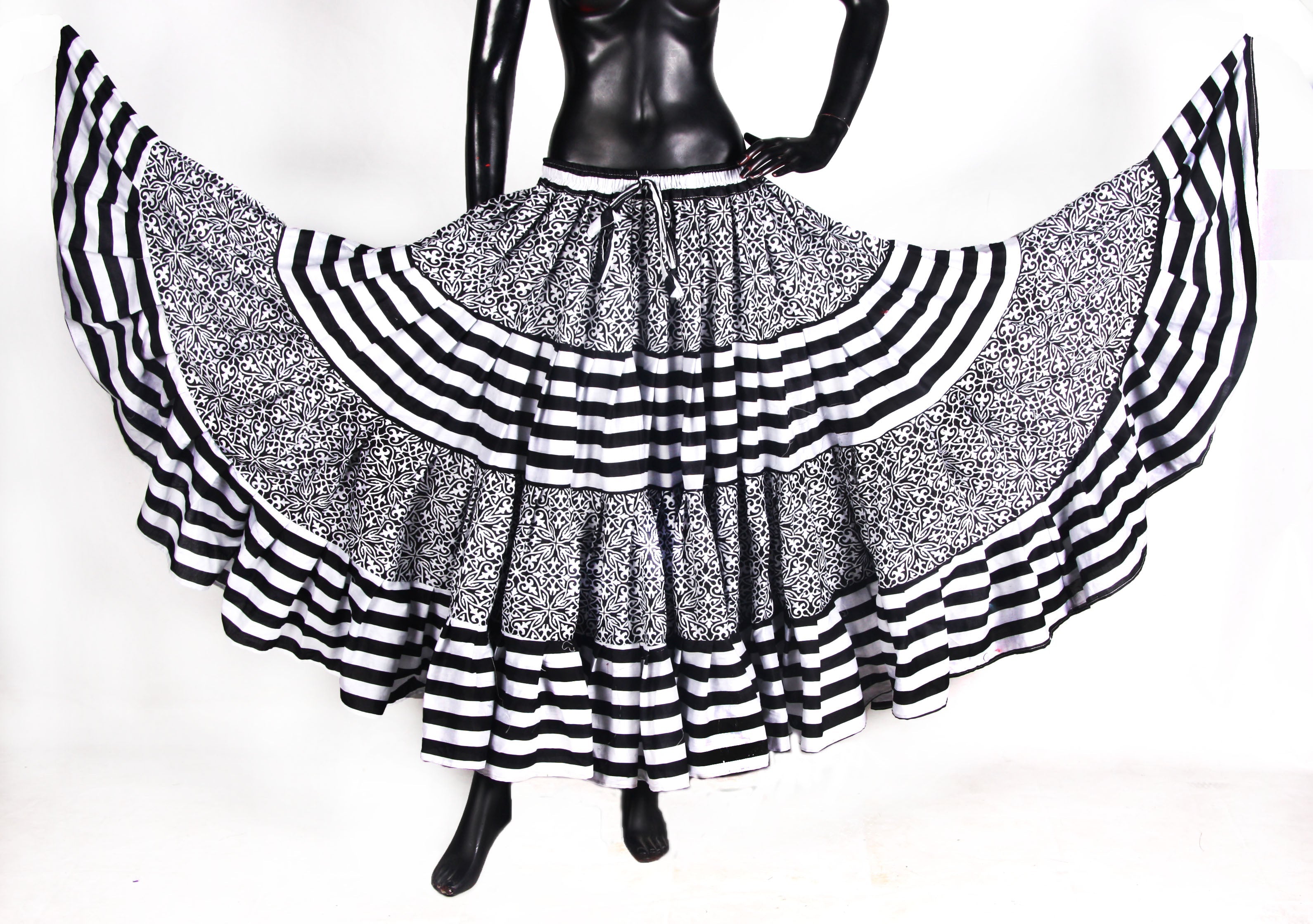 Black/White Stripe Polka Dot Block Print Skirt 25yards