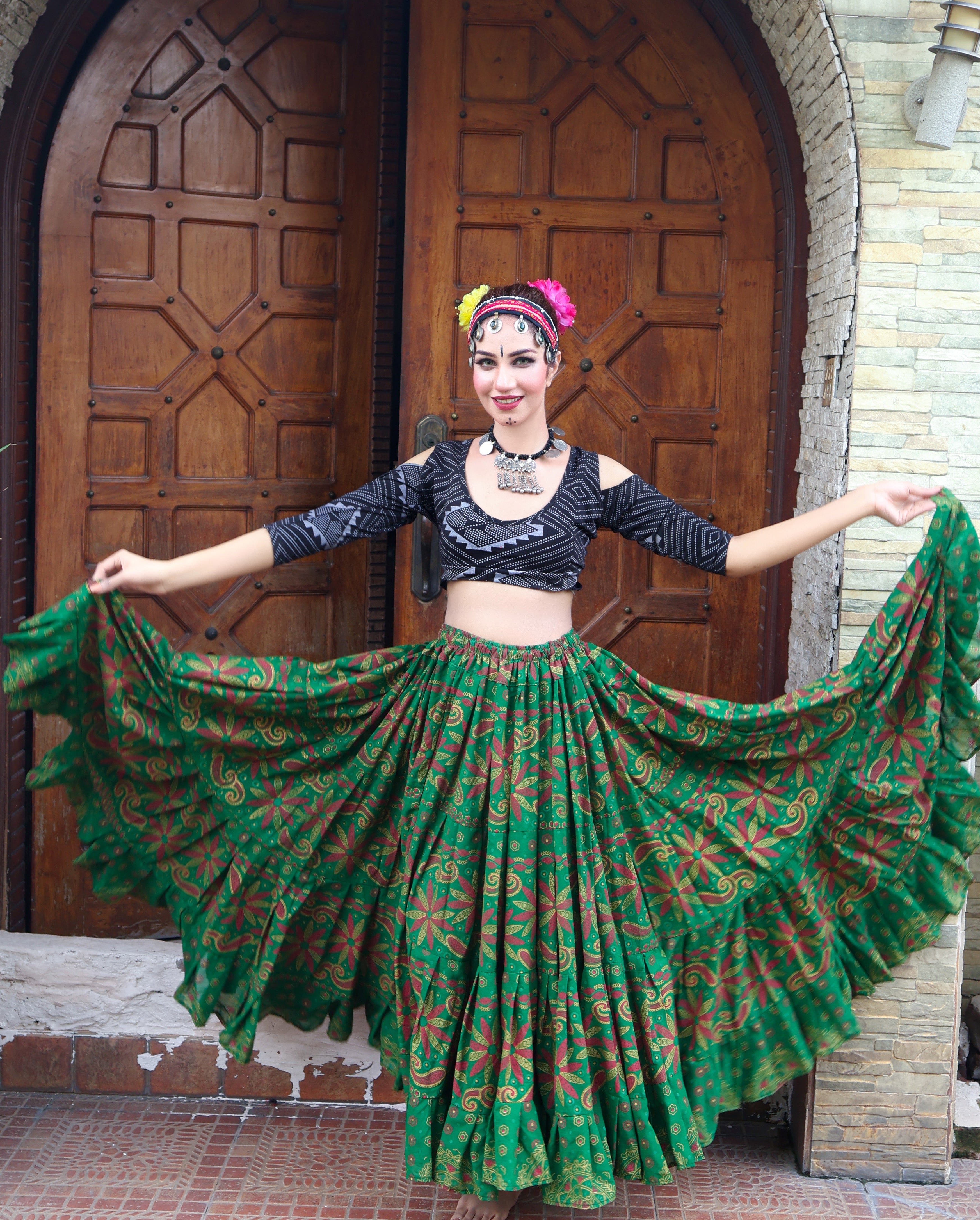 Tribal Block print flower skirt green WLS