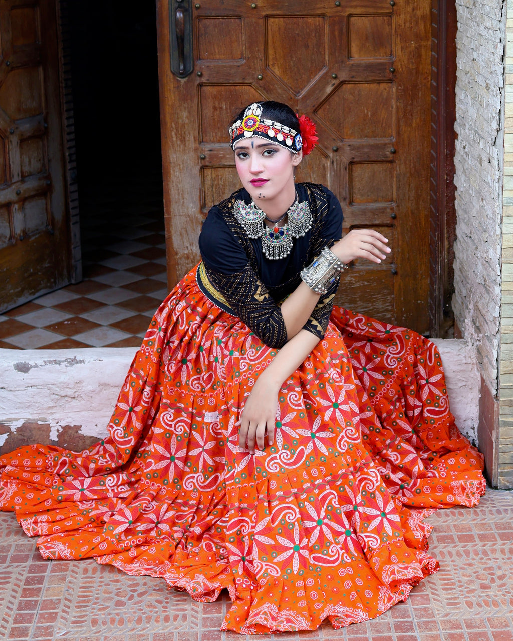 Tribal Block print flower skirt orange WLS
