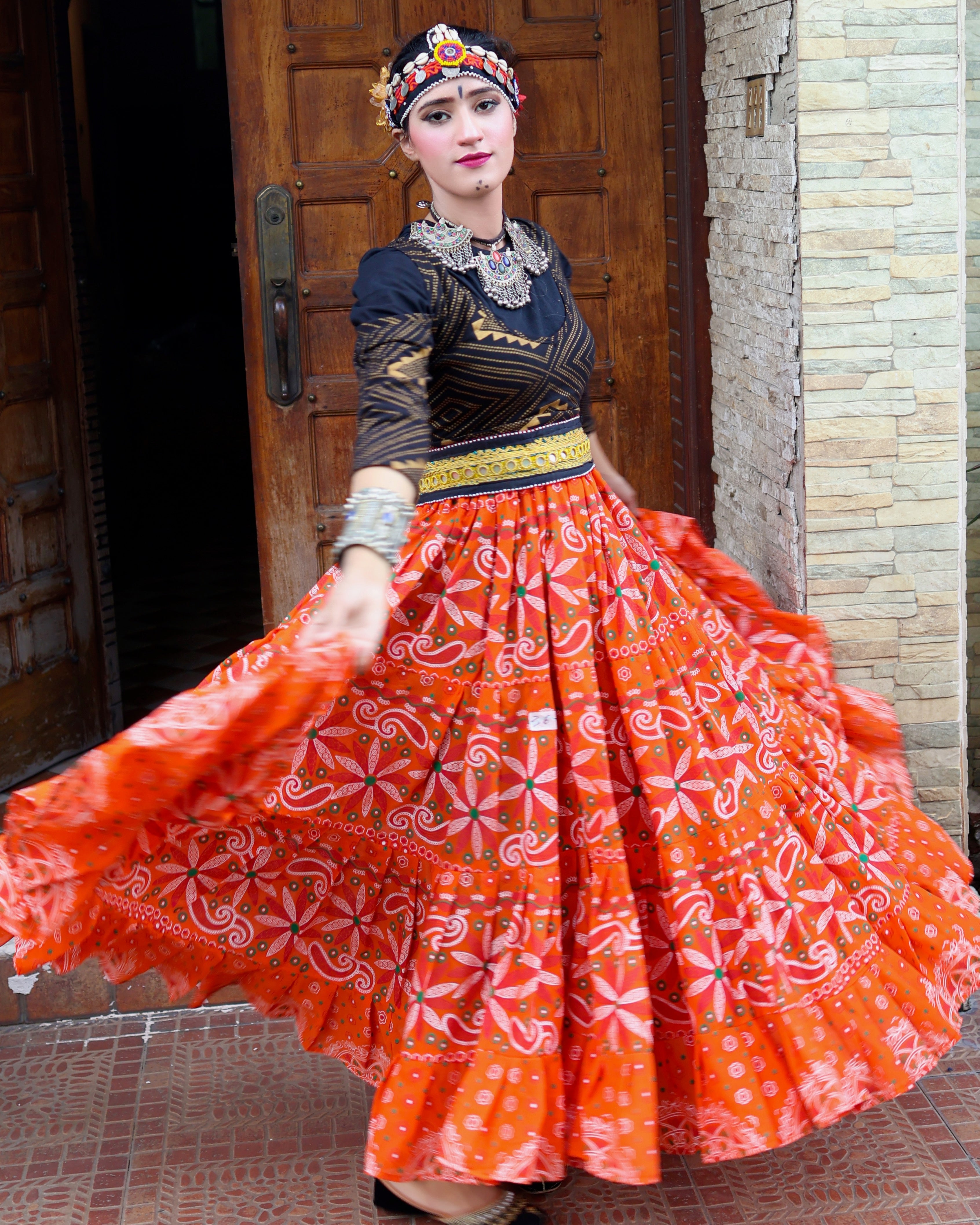 Tribal Block print flower skirt orange WLS