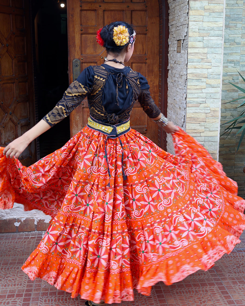 Tribal Block print flower skirt orange WLS