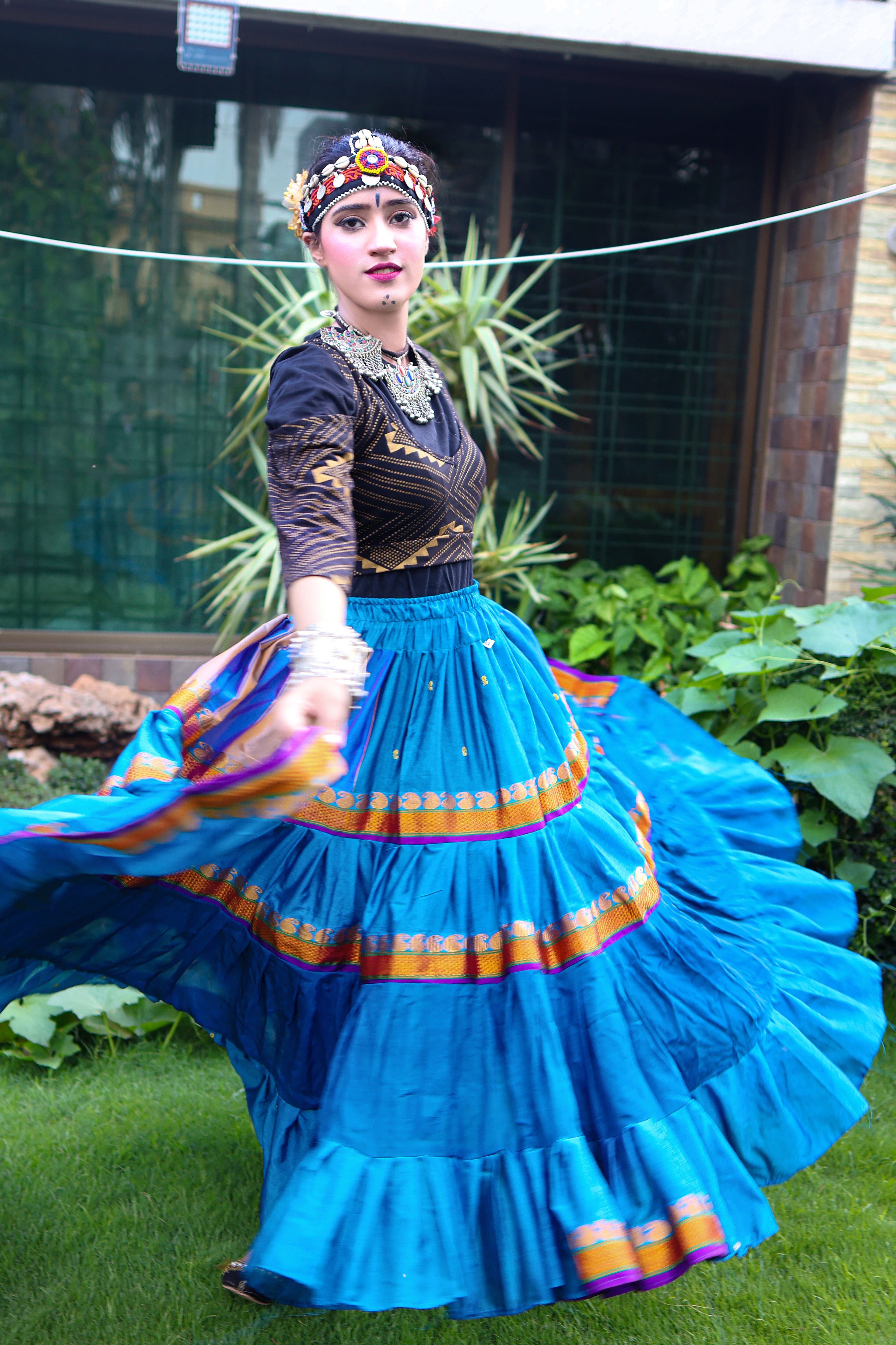 Turqouise multi Sari border Skirt WLS