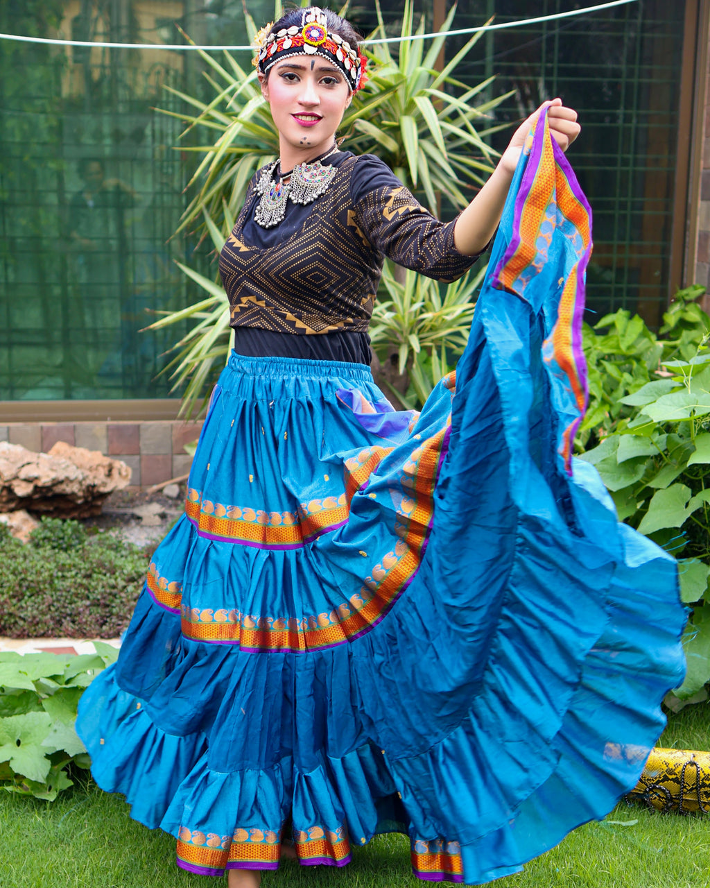 Turqouise multi Sari border Skirt WLS