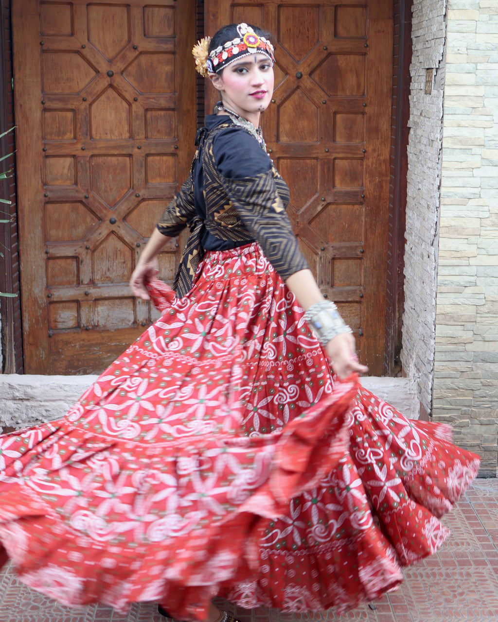 Tribal Block print flower skirt Rust WLS