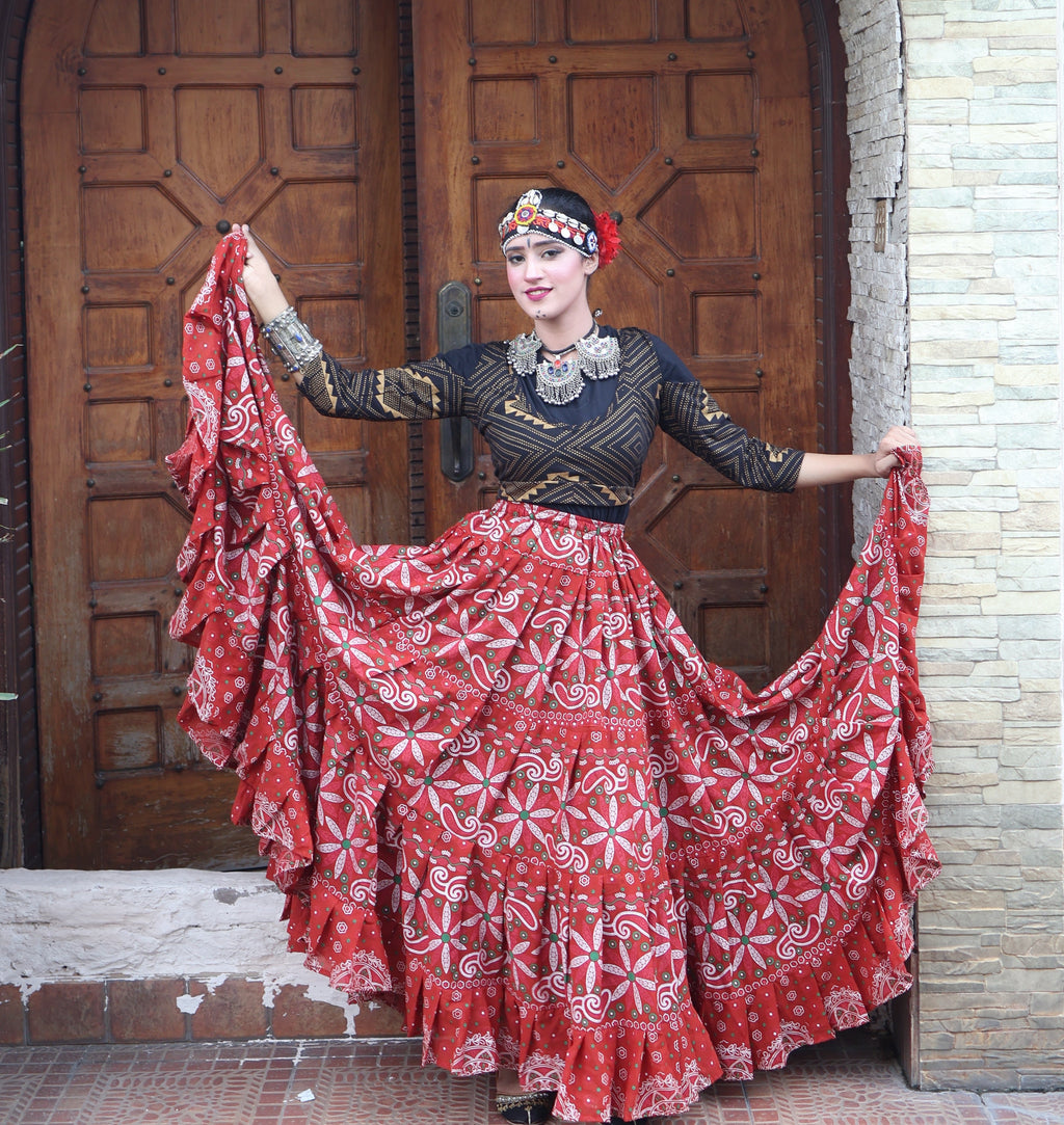 Tribal Block print flower skirt Rust WLS