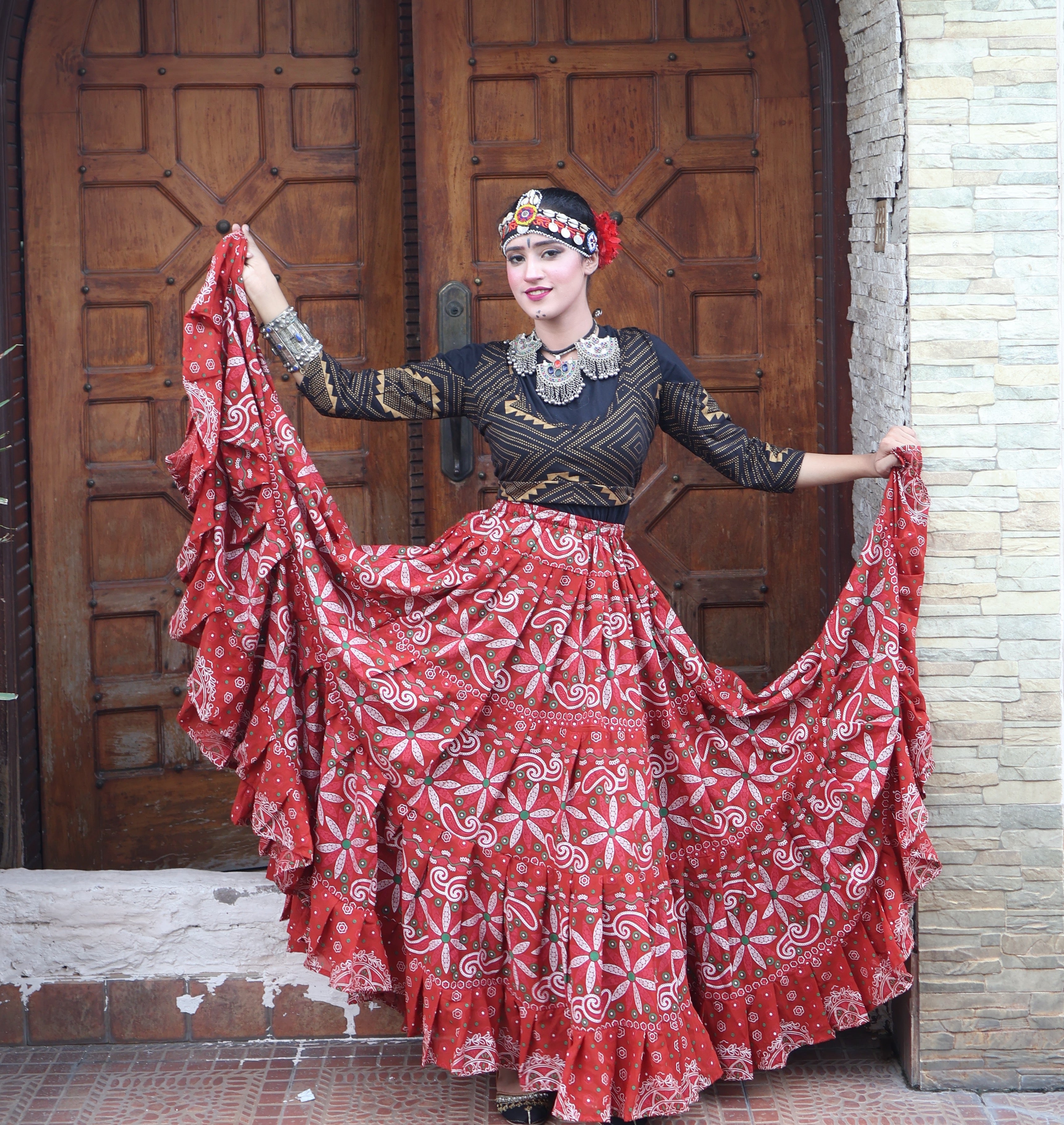 Tribal Block print flower skirt Rust WLS