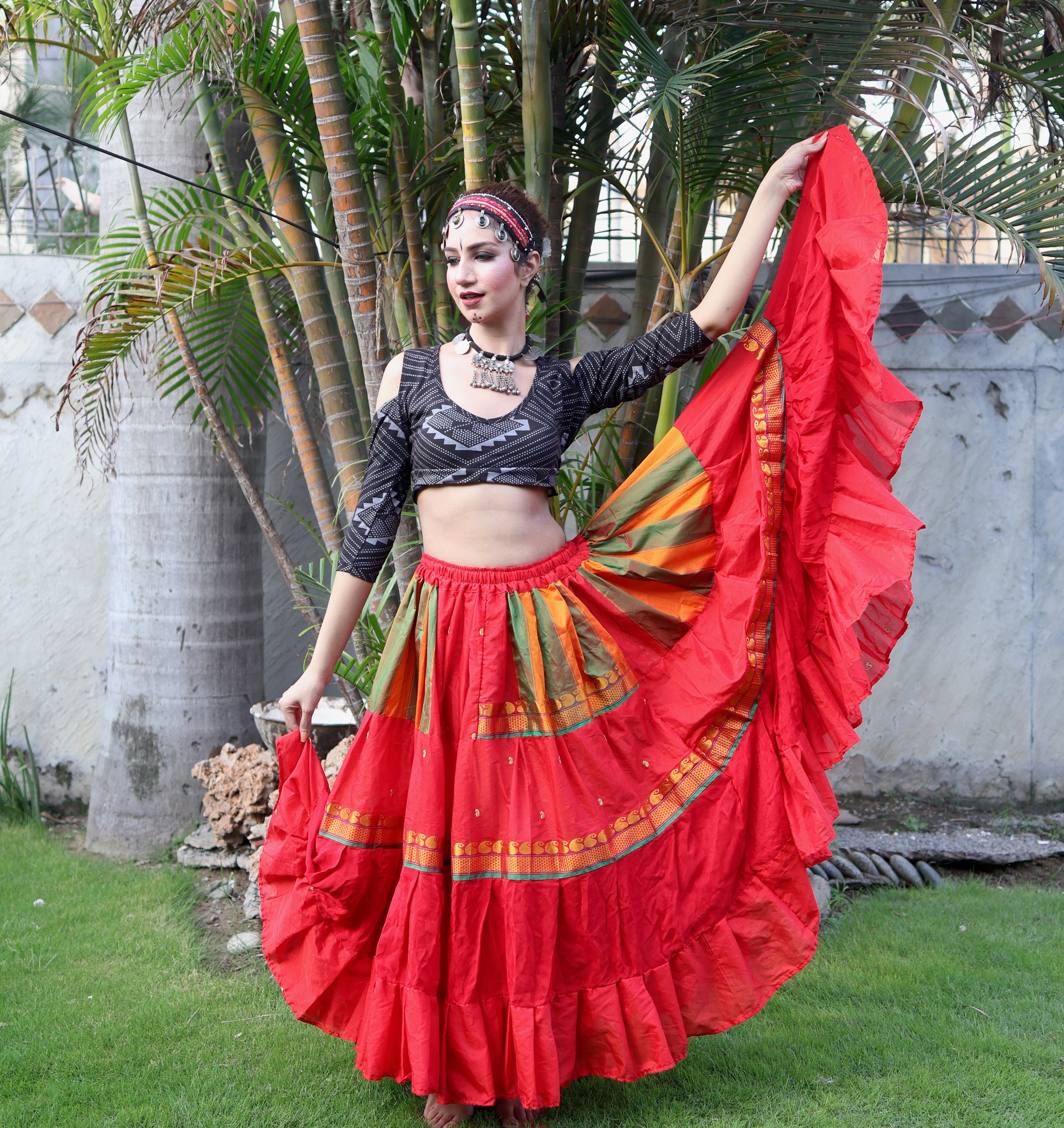 Red multi Sari border Skirt