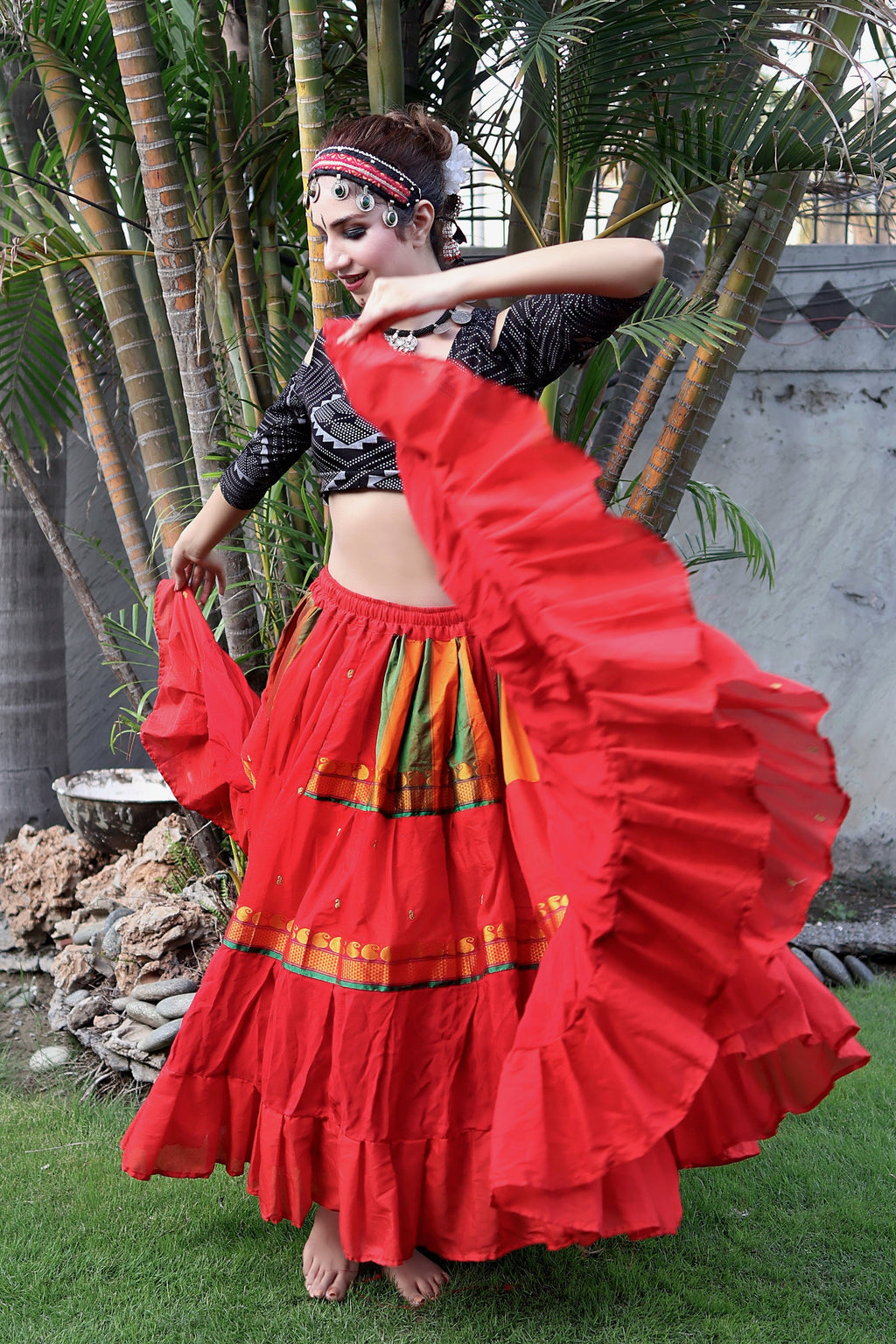Red multi Sari border Skirt WLS