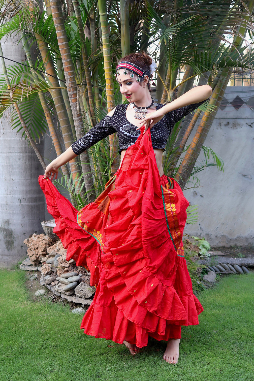 Red multi Sari border Skirt WLS