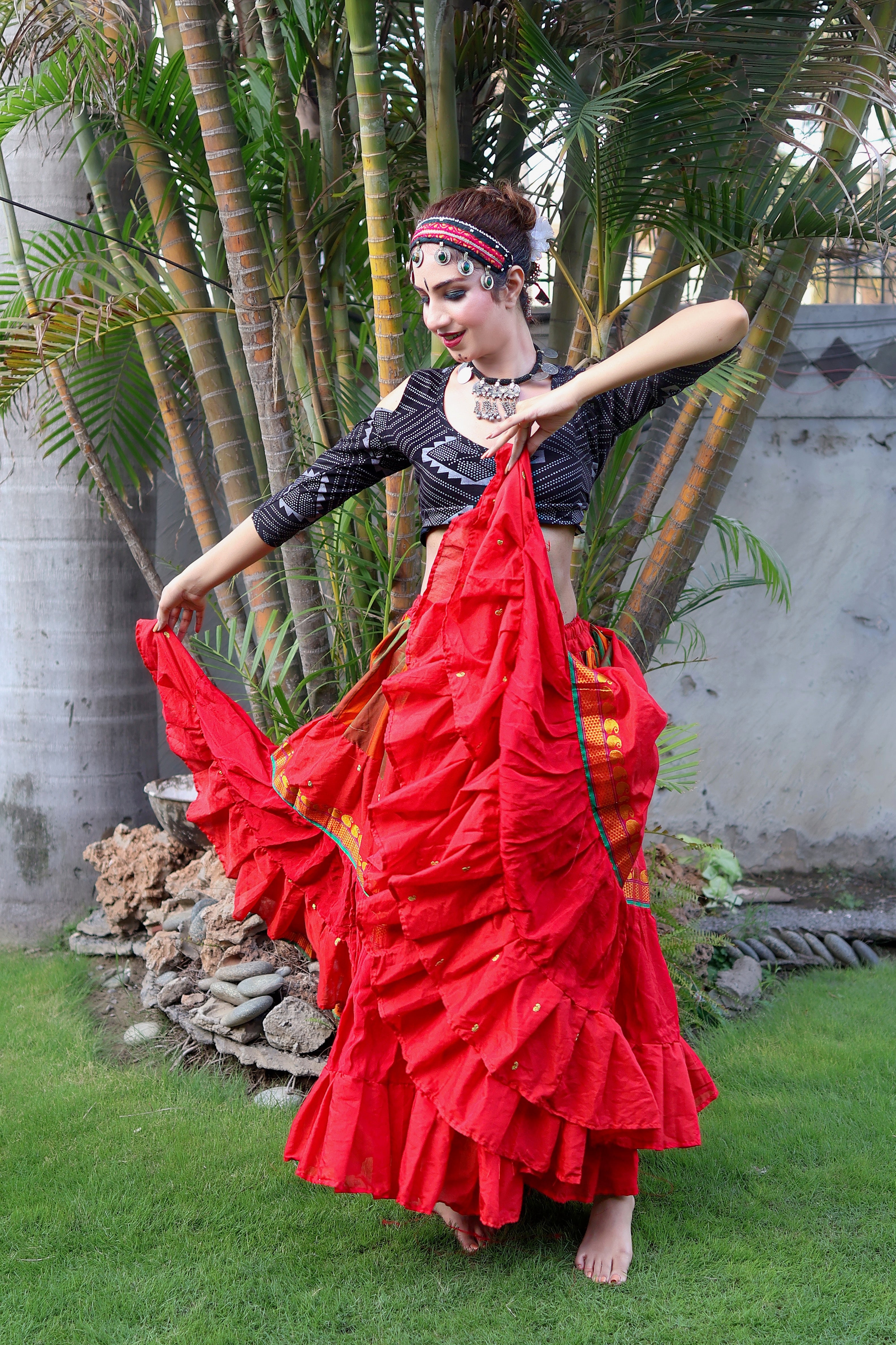 Red multi Sari border Skirt WLS