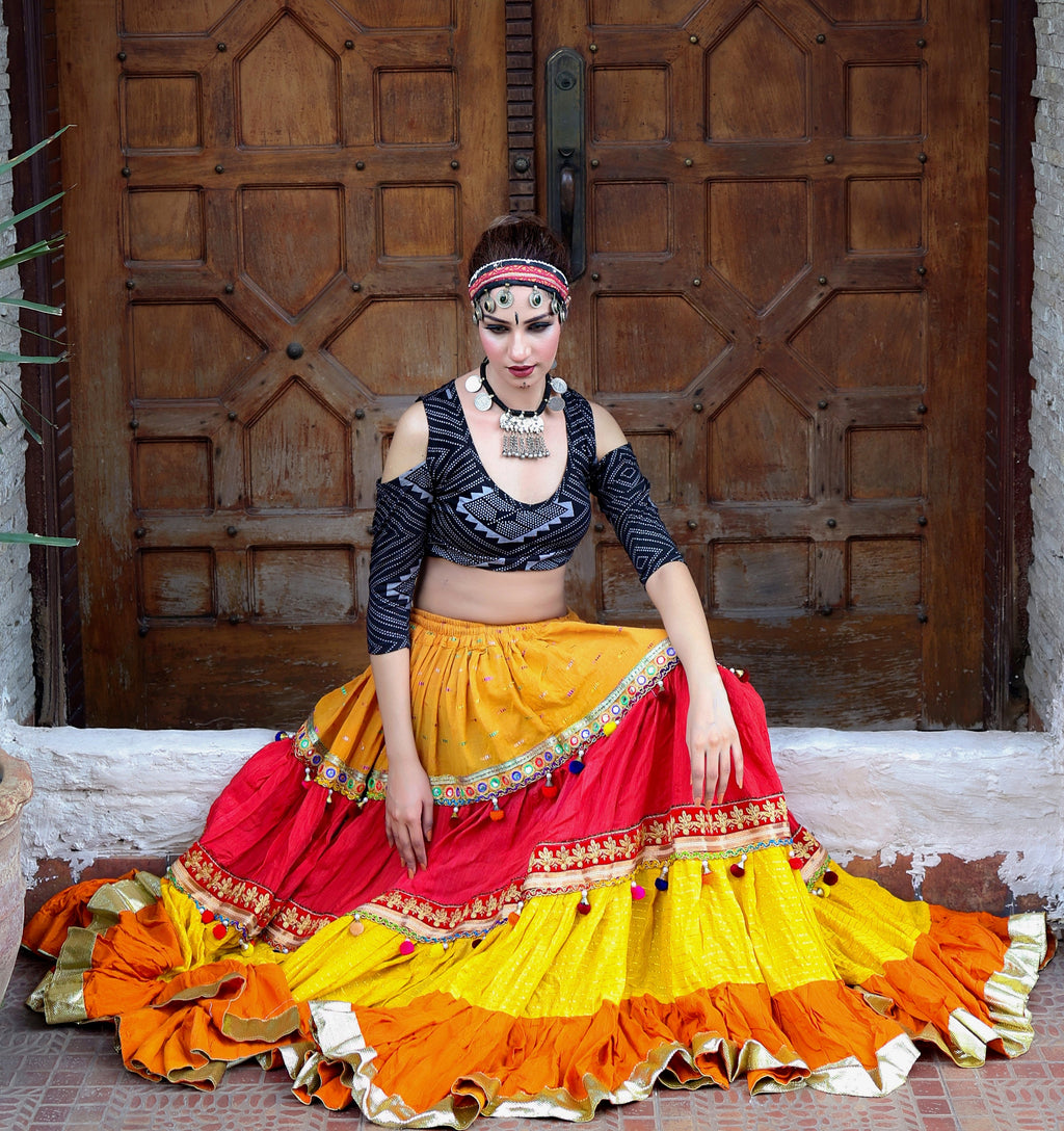 Red Yellow multi tassel trim skirt WLS