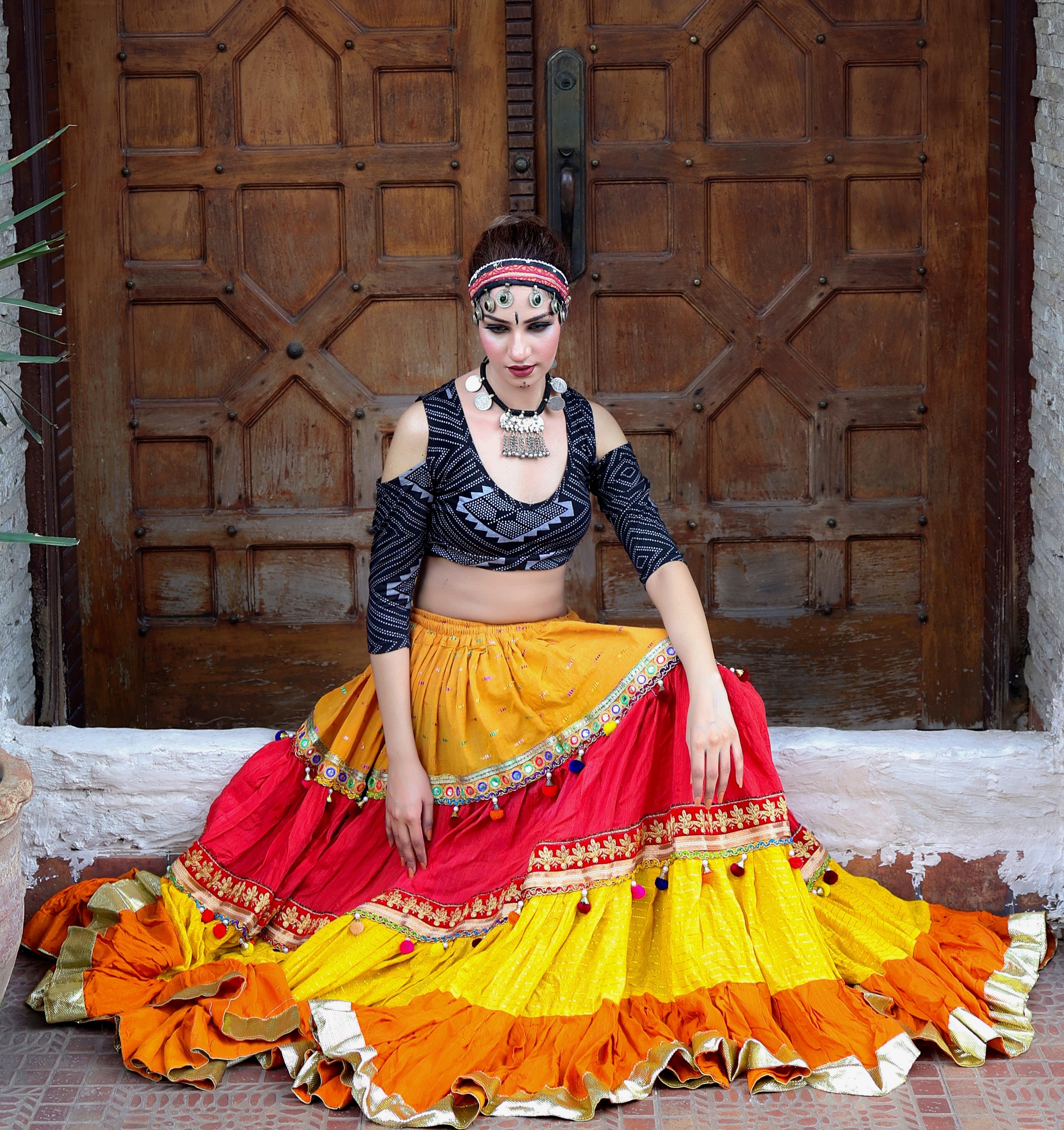 Red Yellow multi tassel trim skirt WLS