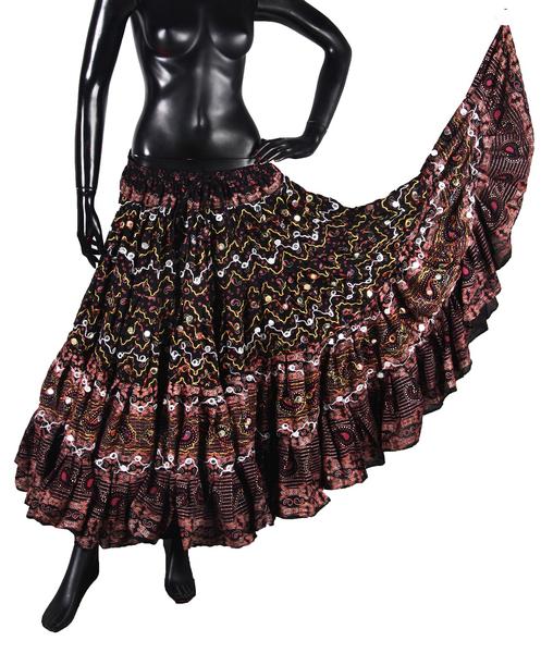 Block print skirt embroidered with mirrors