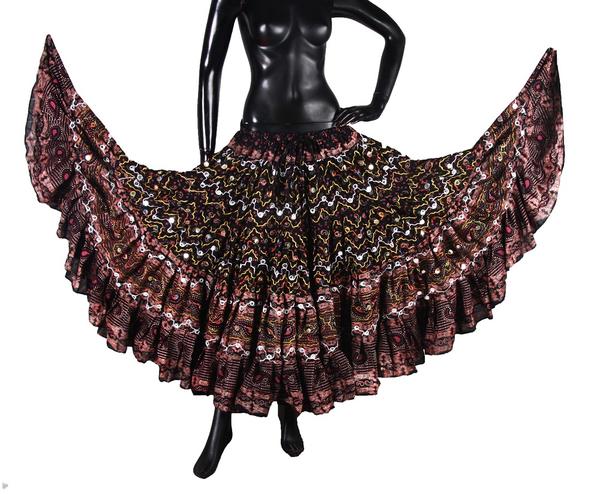 Block print skirt embroidered with mirrors