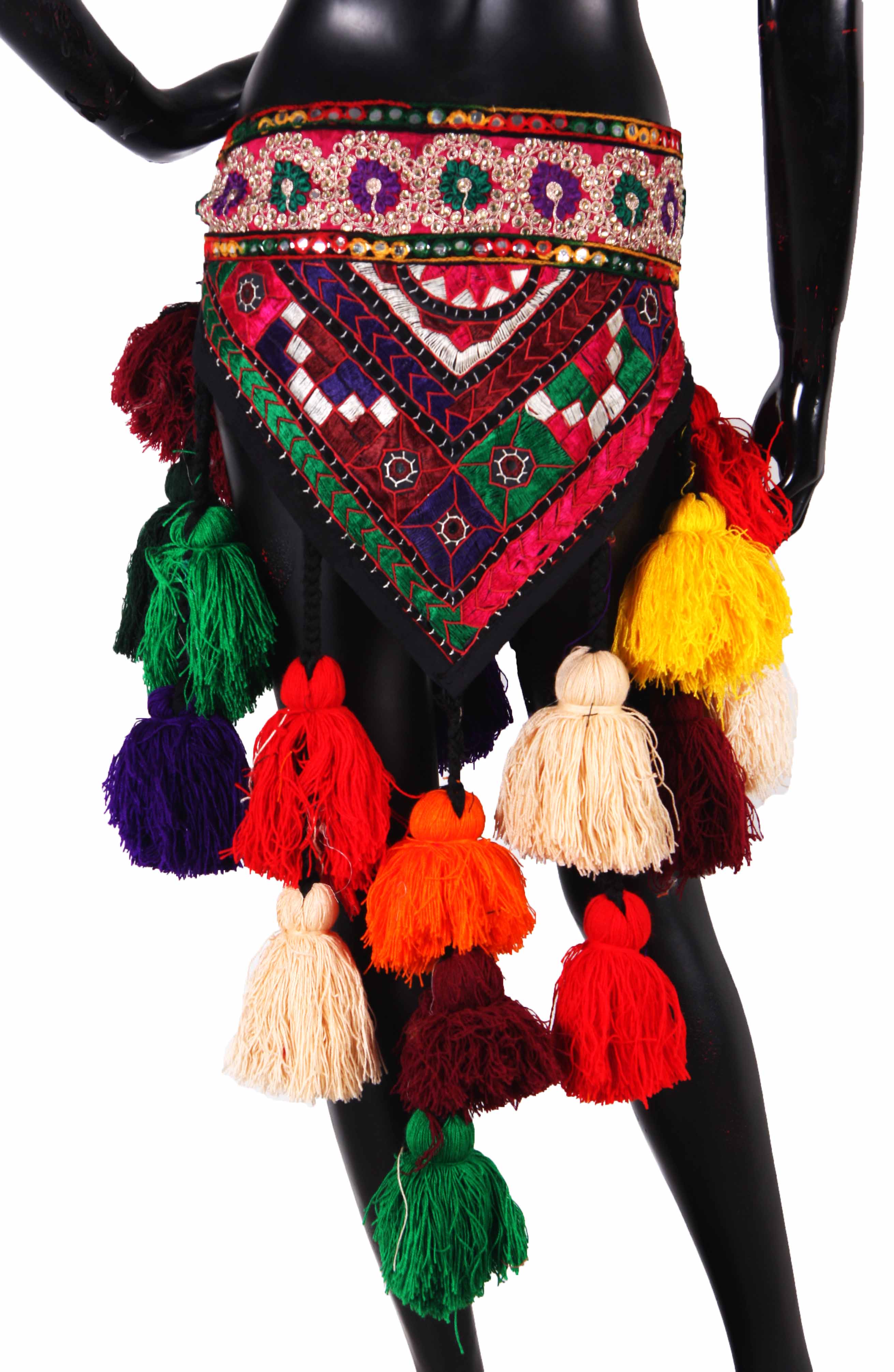 Tribal Multi Colored Embroidery Belt Cum Hipscarf Made From Wool Tassels.