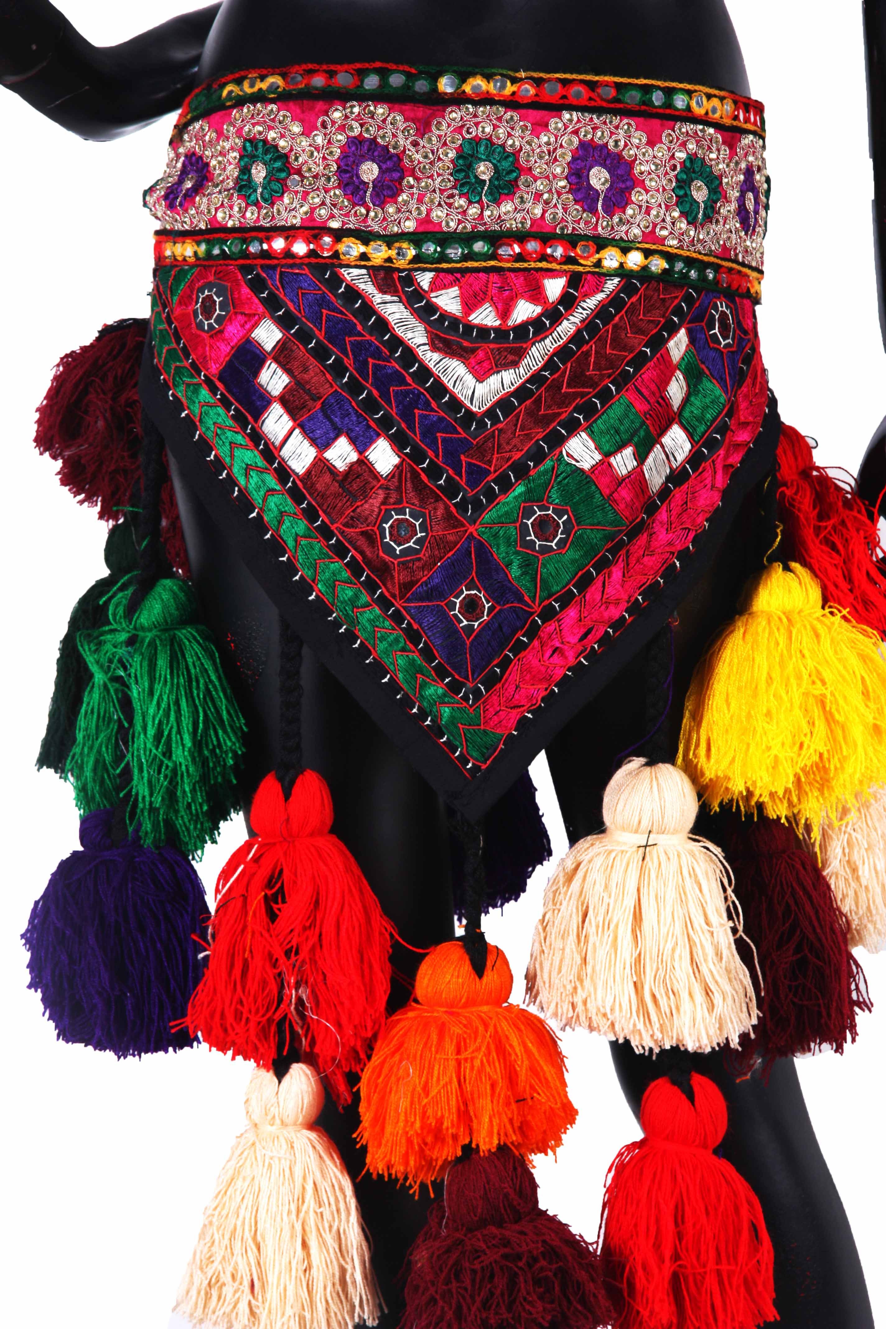 Tribal Multi Colored Embroidery Belt Cum Hipscarf Made From Wool Tassels WS