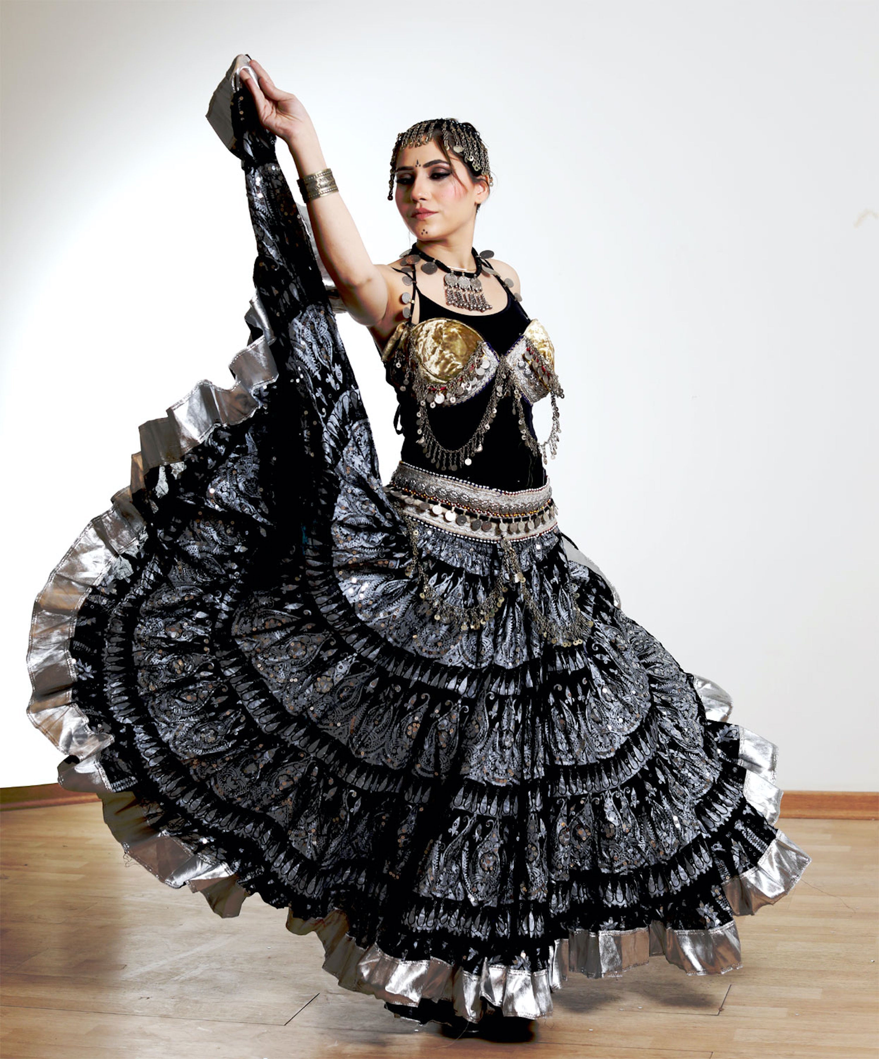 Block print skirt black beauty with shiny silver border