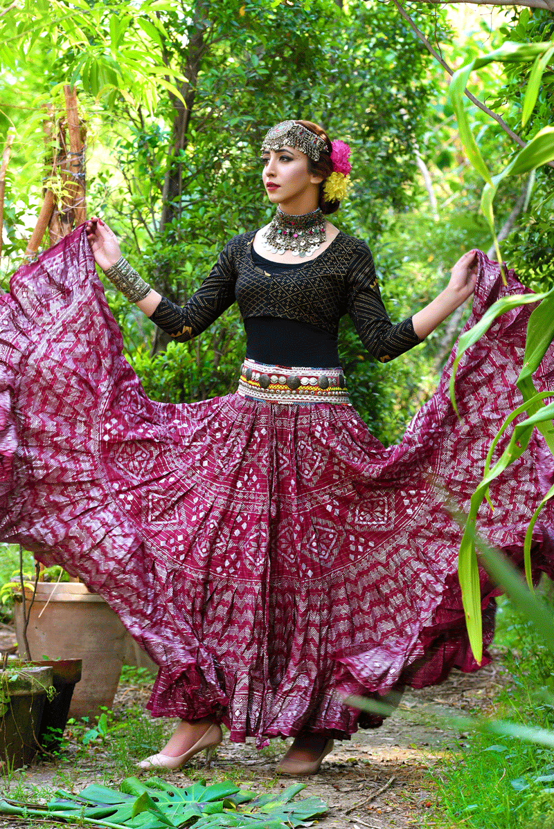 Block print lurex assuit skirt burgundy WLS