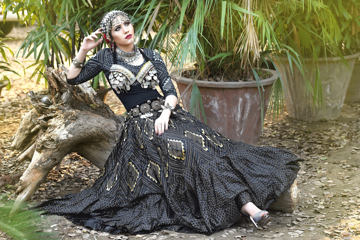 Block print Assuit pattern skirt black/gold Design#1 WLS
