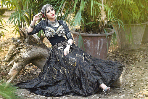 Block print Assuit pattern skirt black/gold Design#1 WLS
