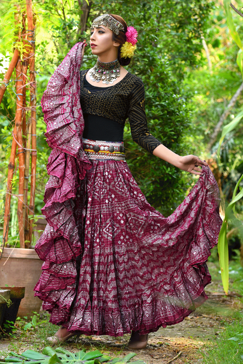 Block print lurex assuit skirt burgundy WLS