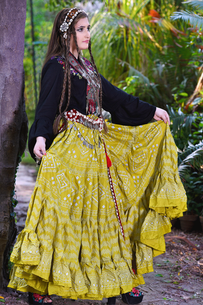 Block print Assuit pattern skirt olive/silver WLS