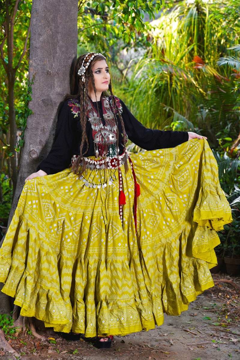Block print Assuit pattern skirt olive/silver