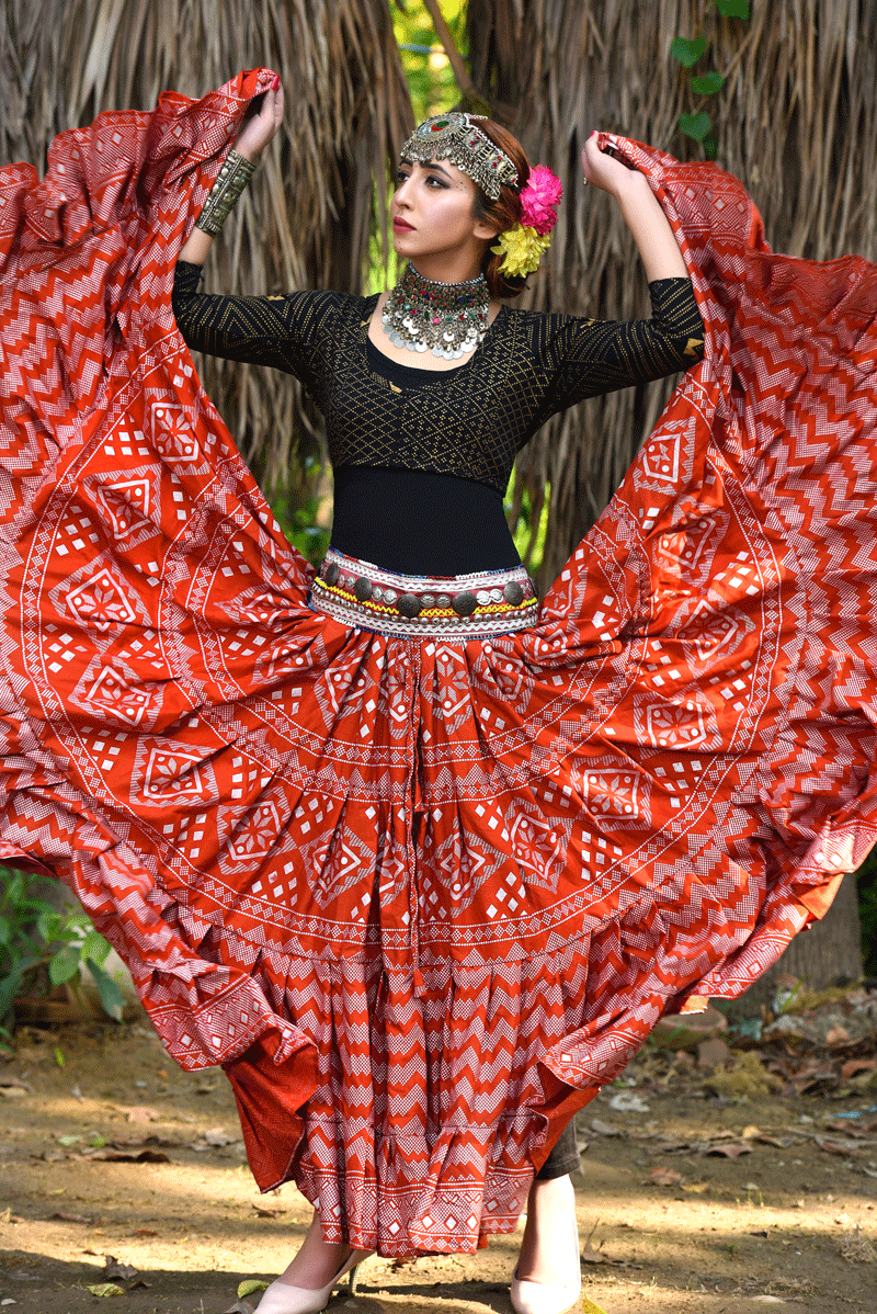 Block print Assuit pattern skirt orange/silver