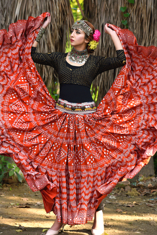Block print Assuit pattern skirt orange/silver