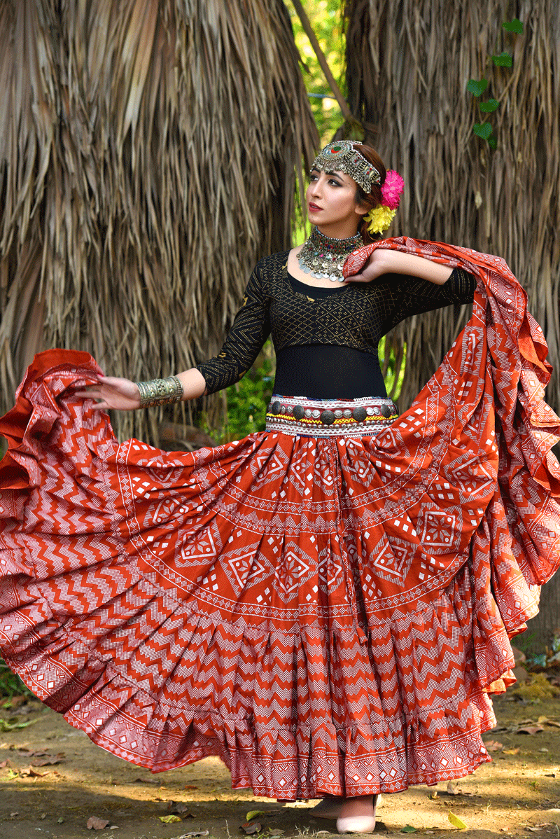 Block print Assuit pattern skirt orange/silver WLS