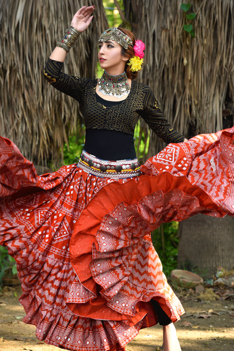 Block print Assuit pattern skirt orange/silver