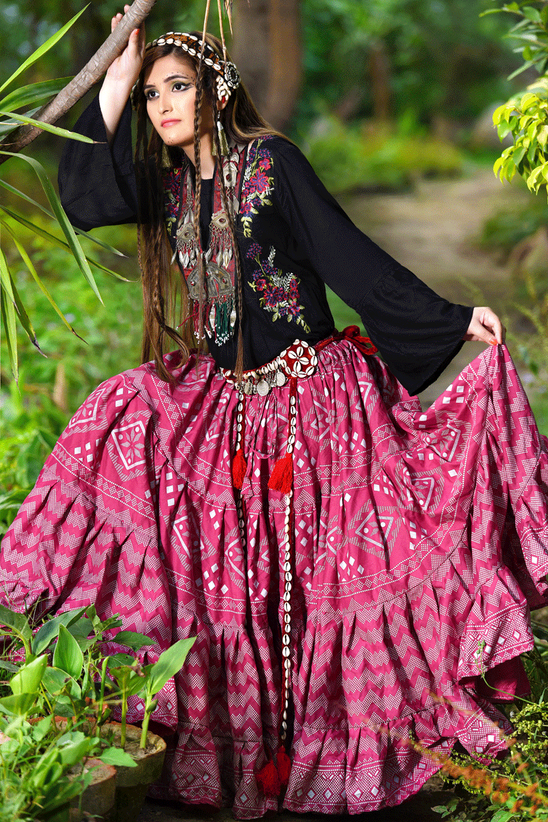 Block print Assuit pattern skirt pink/silver WLS