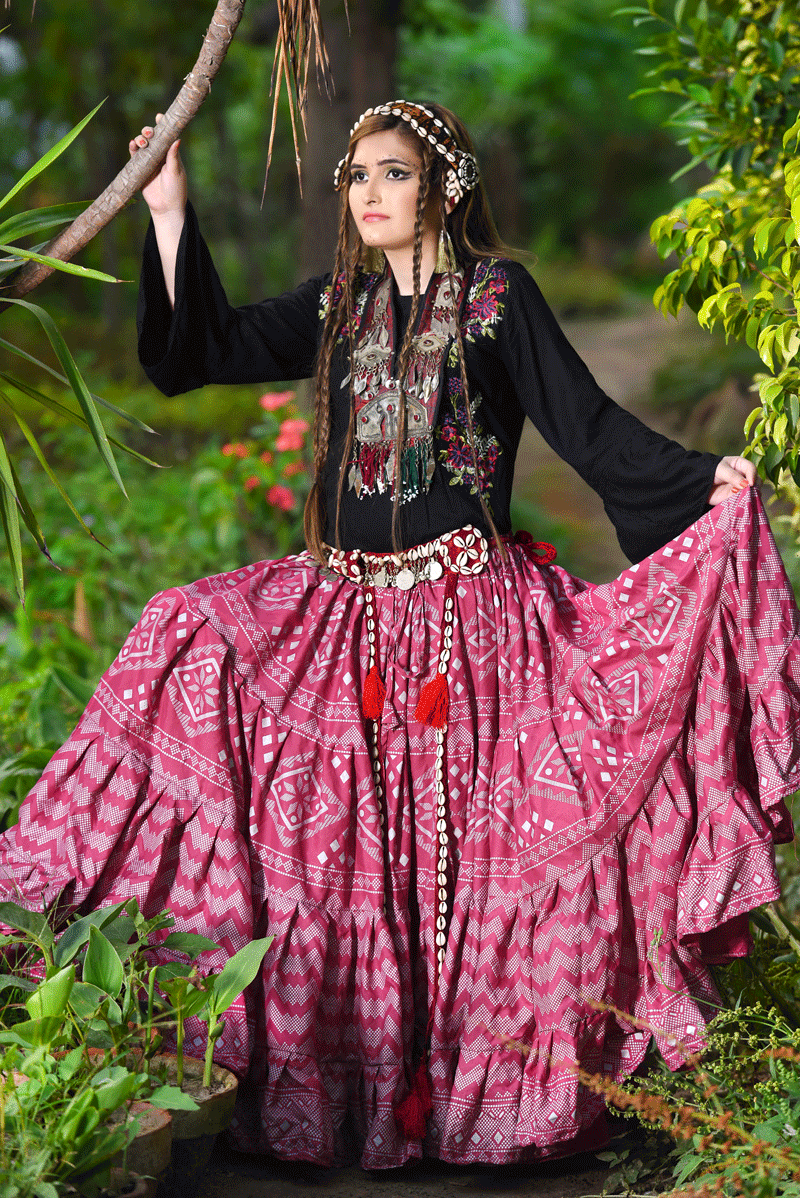 Block print Assuit pattern skirt pink/silver WLS
