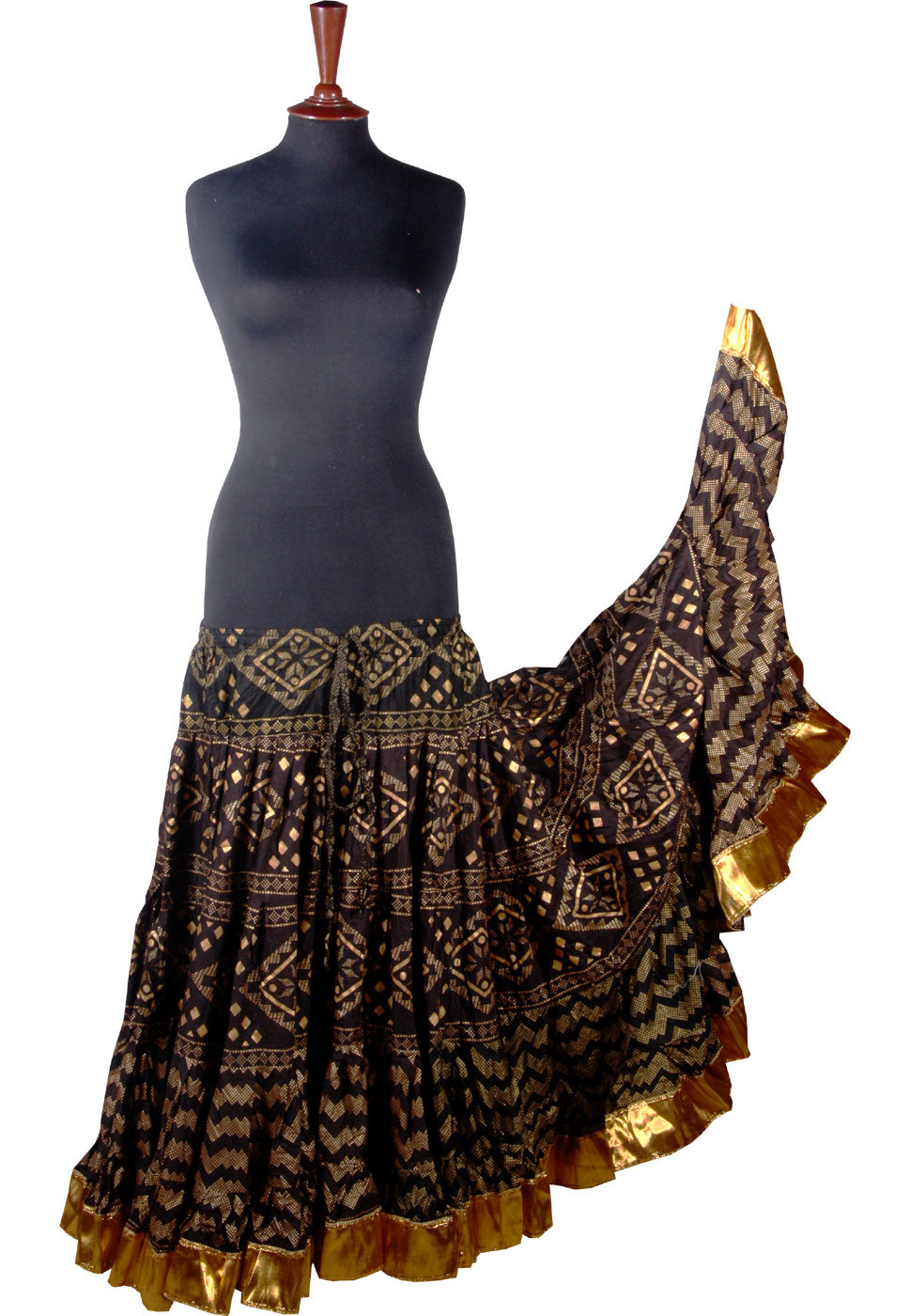 Block print Assuit pattern skirt black/gold with shiny gold border WLS