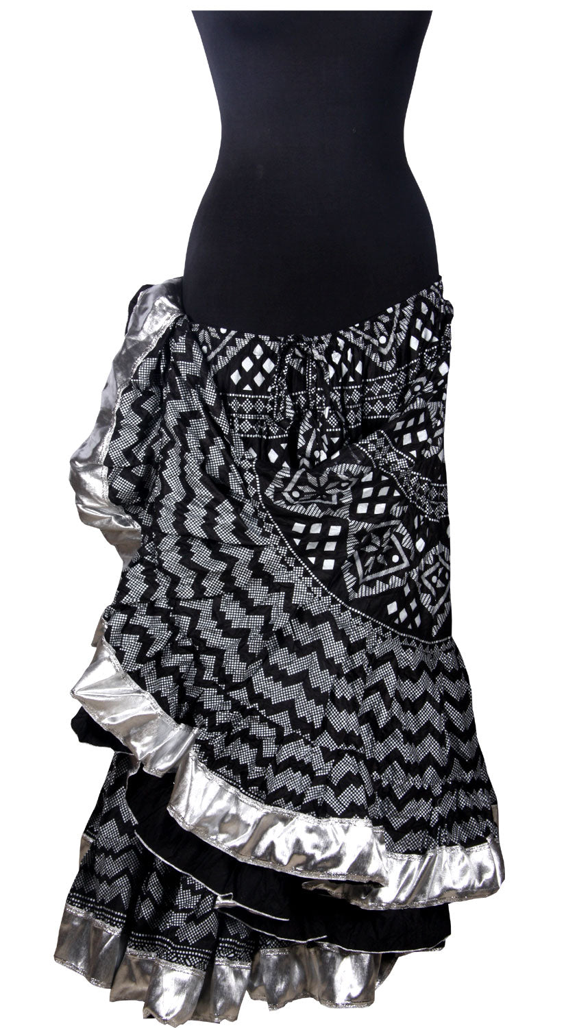 Block print Assuit pattern skirt black/silver with shiny silver border WLS
