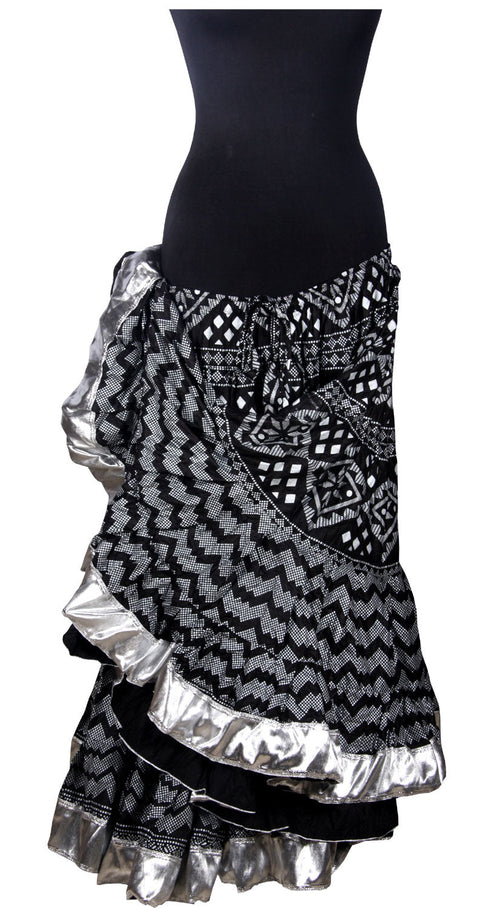 Block print Assuit pattern skirt black/silver with shiny silver border WLS