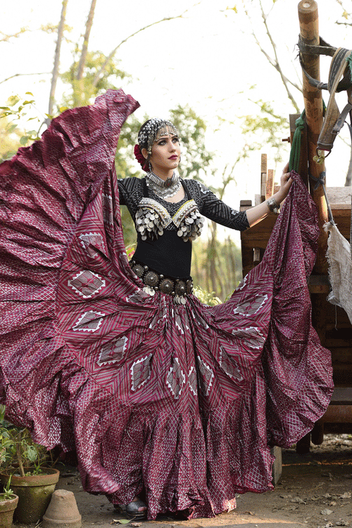 Block print Assuit pattern skirt burgundy/silver Design#1