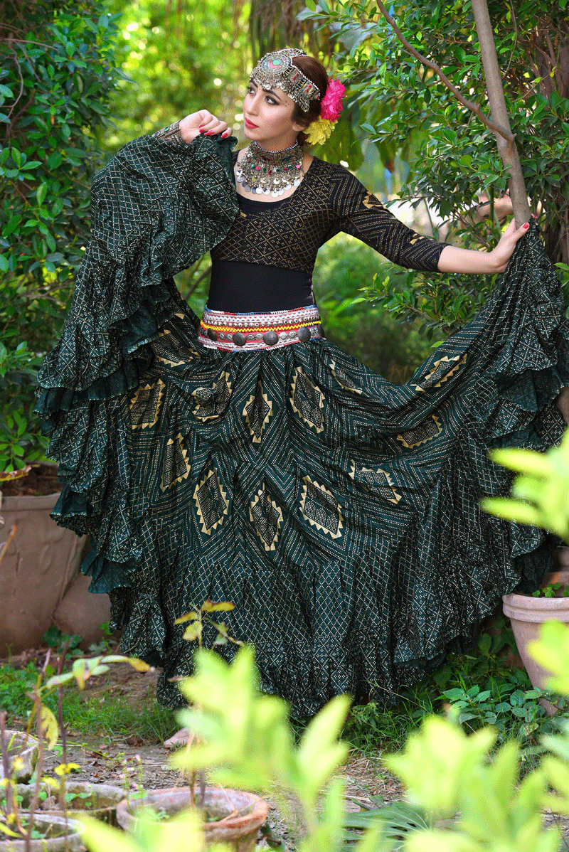 Block print Assuit pattern skirt darkgreen/gold Design#1