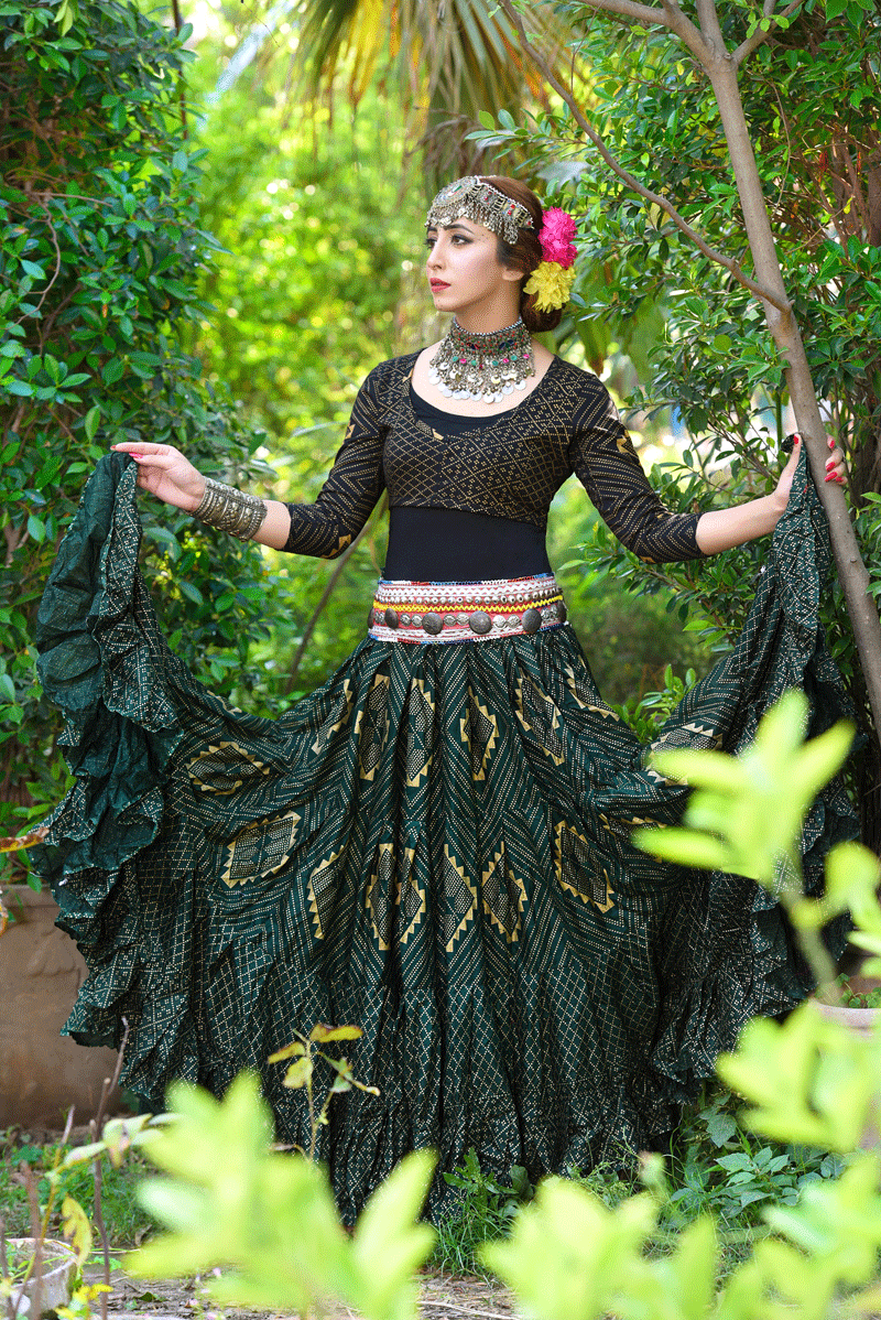 Block print Assuit pattern skirt darkgreen/gold Design#1