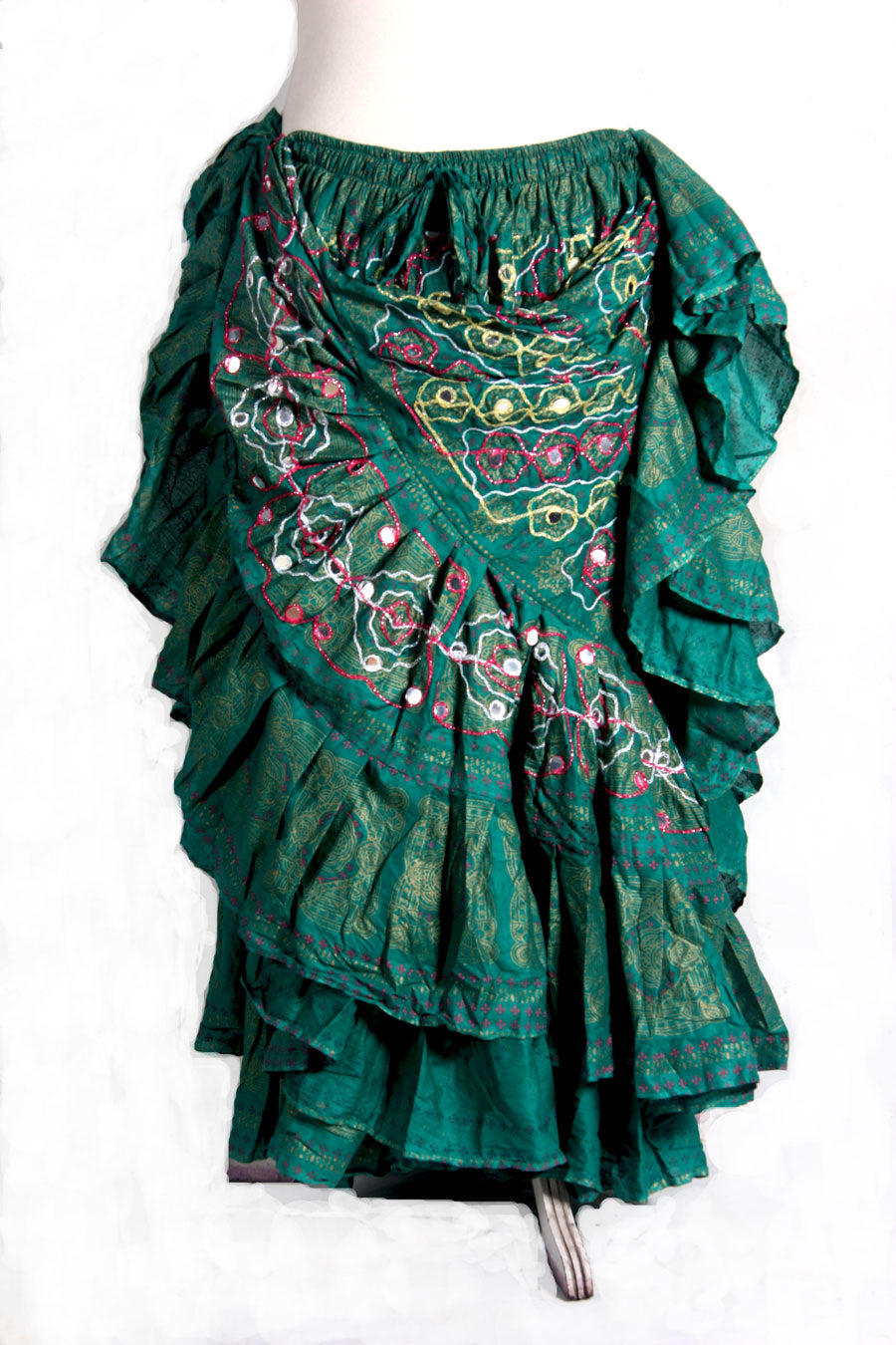 Block  Printed Skirt plus Embroidered With Mirror Green