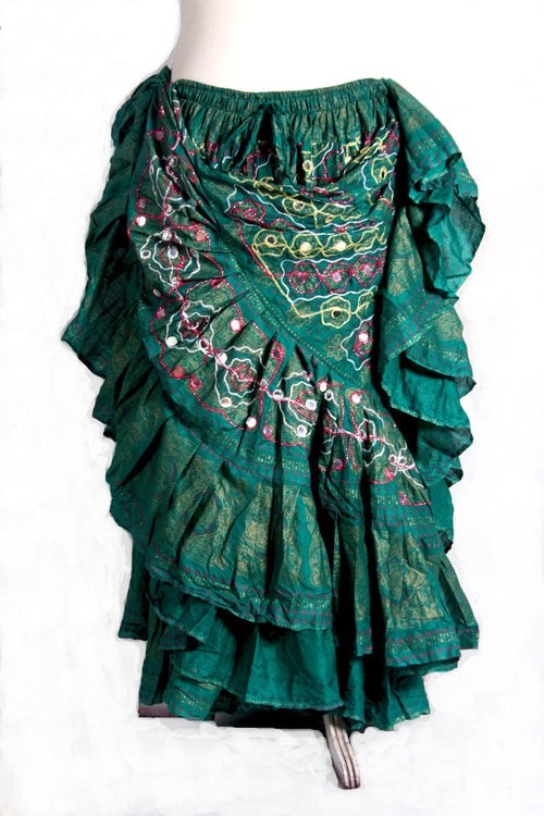 Block  Printed Skirt plus Embroidered With Mirror Green
