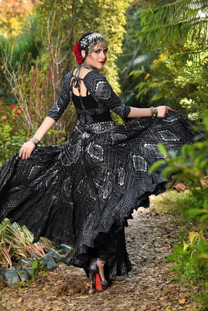 Block print assuit pattern choli silver black