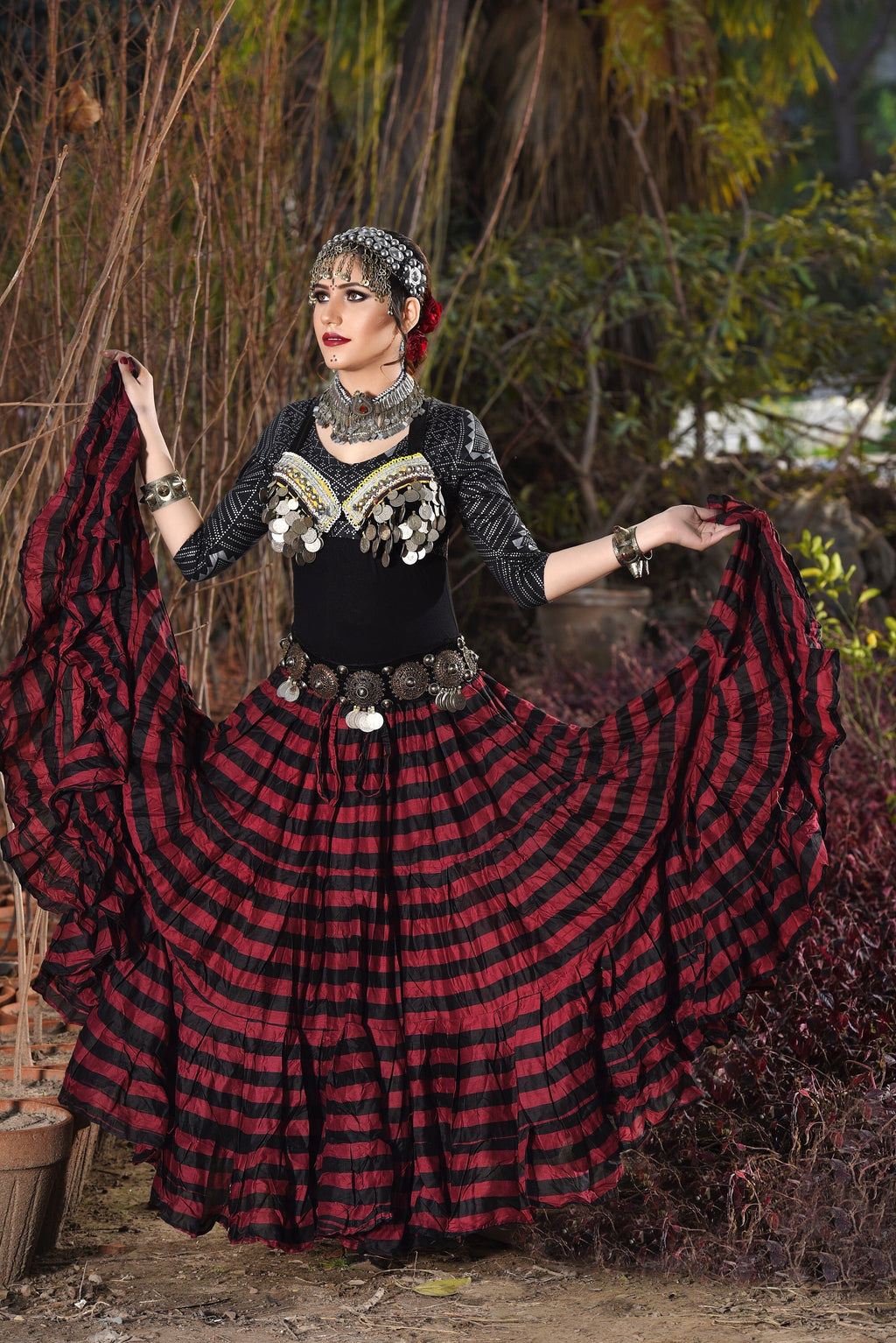 Block print Black Burgundy Stripe skirt WLS