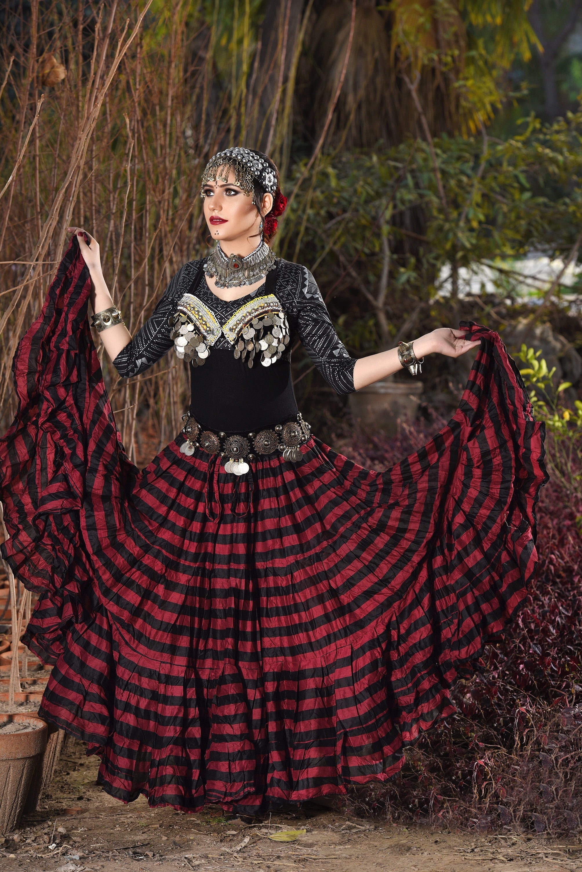 Block print Black Burgundy Stripe skirt WLS