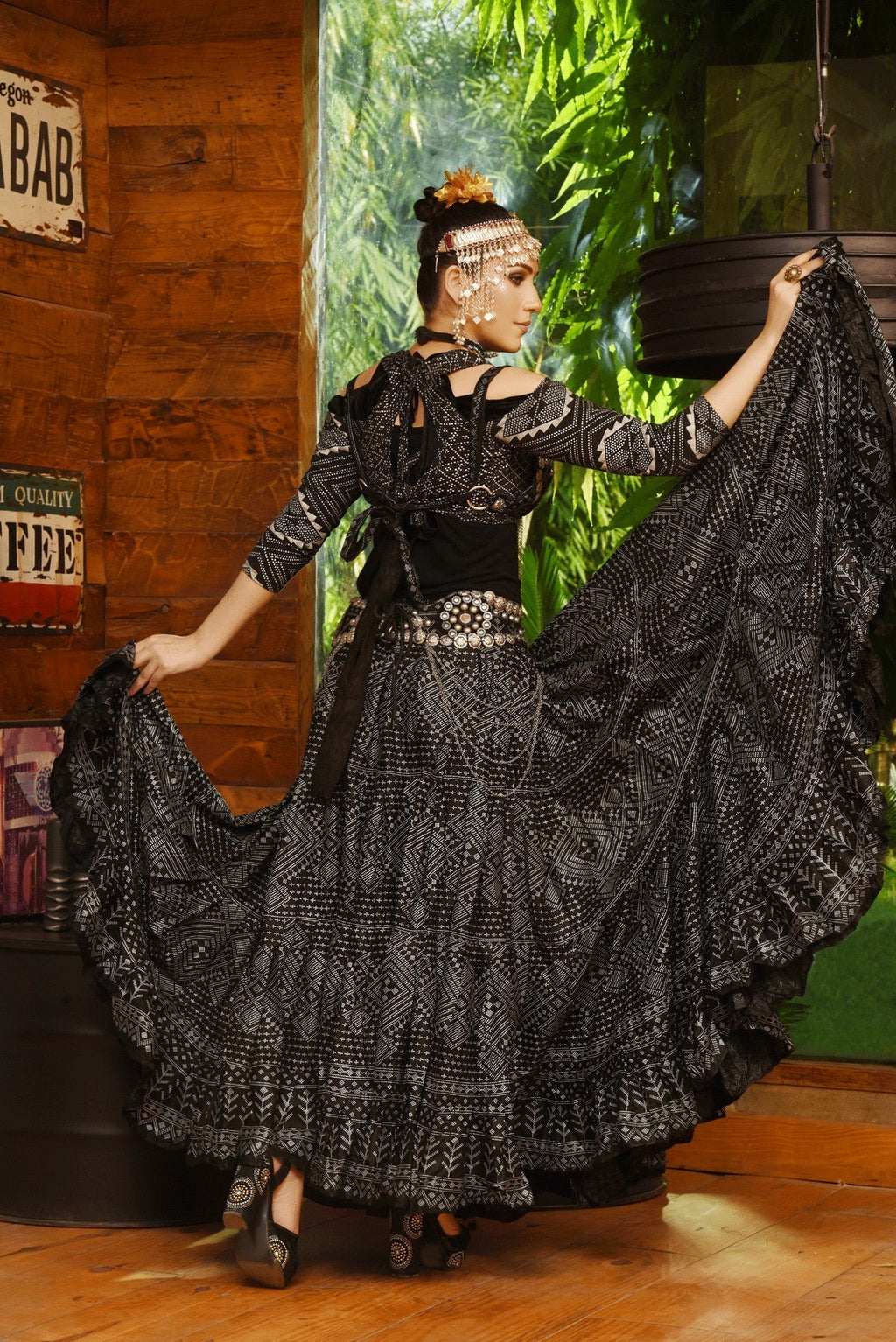 Block print Assuit pattern skirt black/silver Design#3 WLS