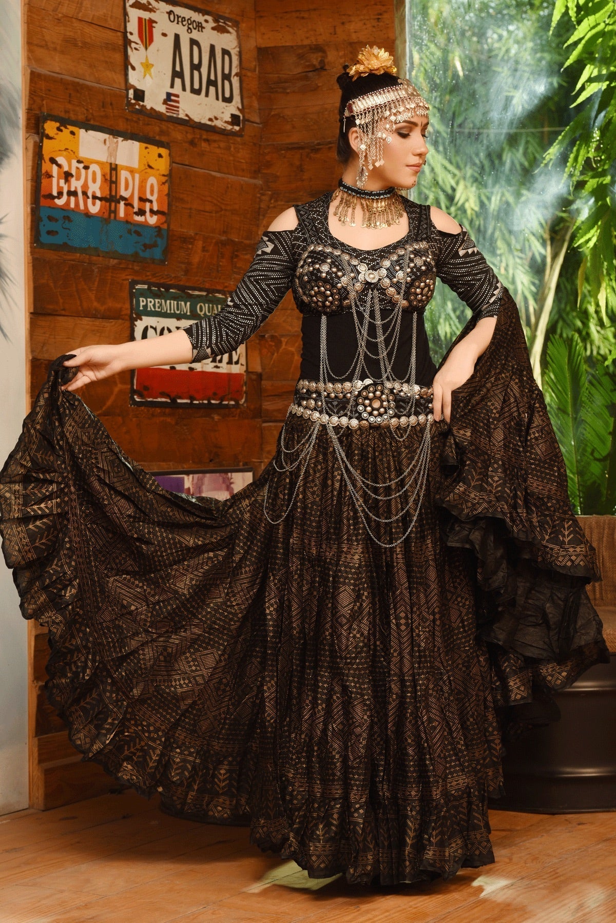 Block print Assuit pattern skirt black/gold Design#3 WLS