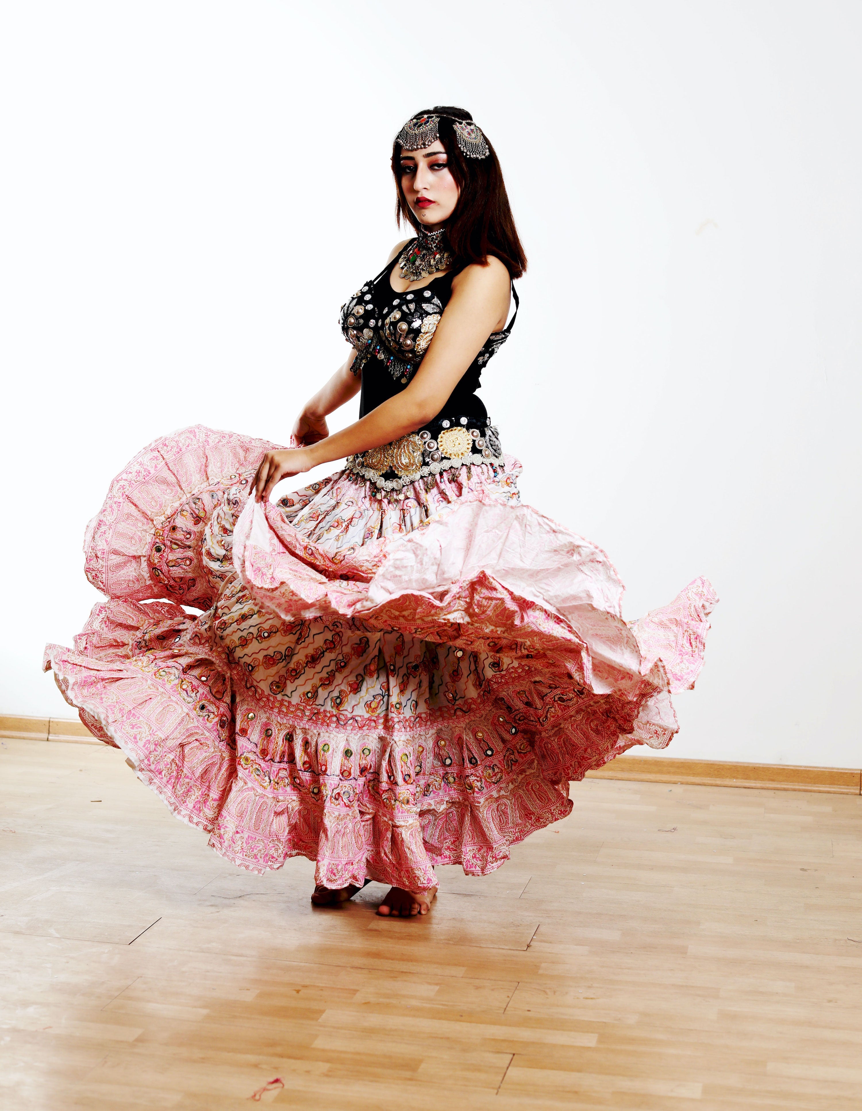 Block print skirt Pink embroidered with mirrors